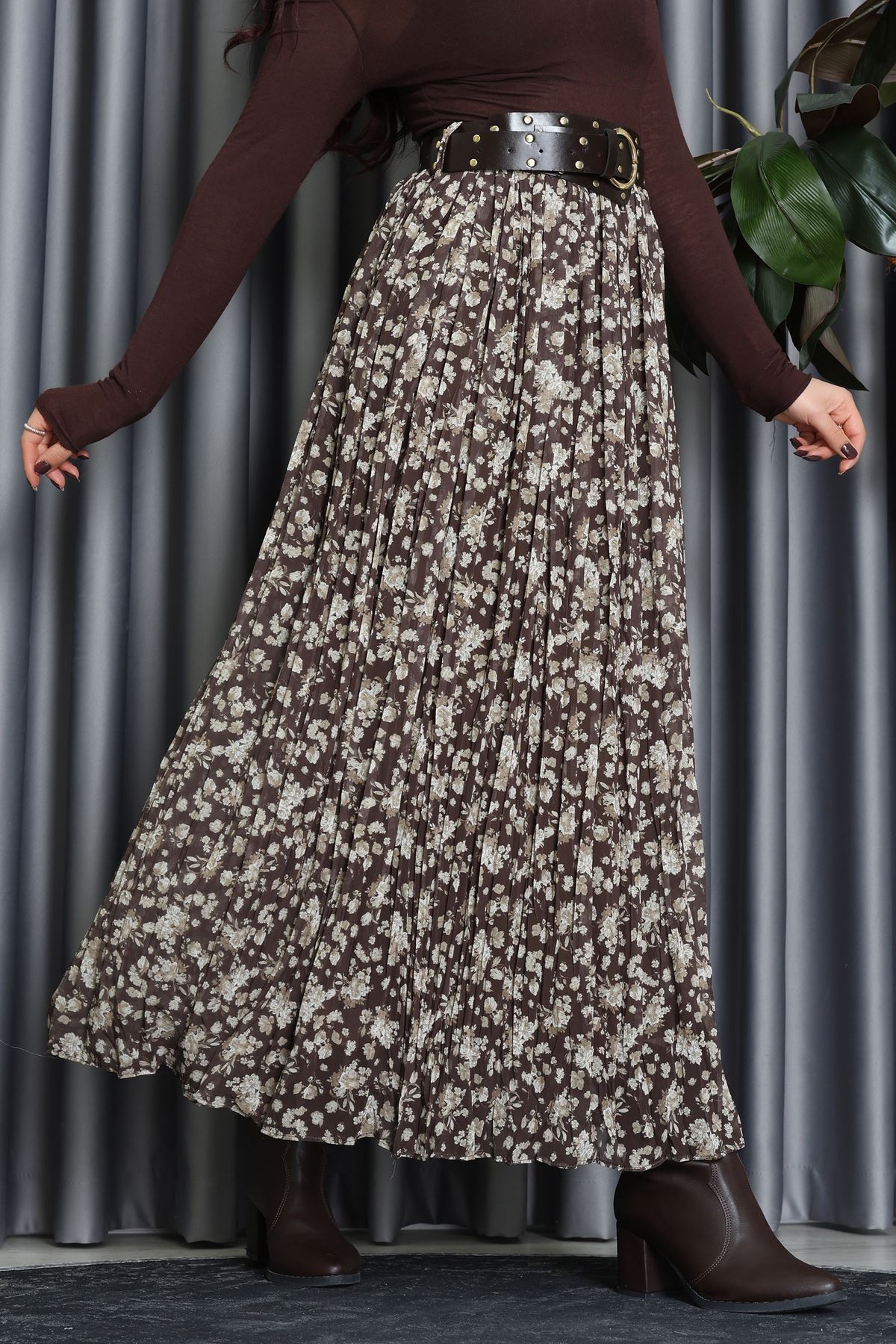 Kemerli Desenli Şifon Astarlı Etek Haki - 71001.1934.