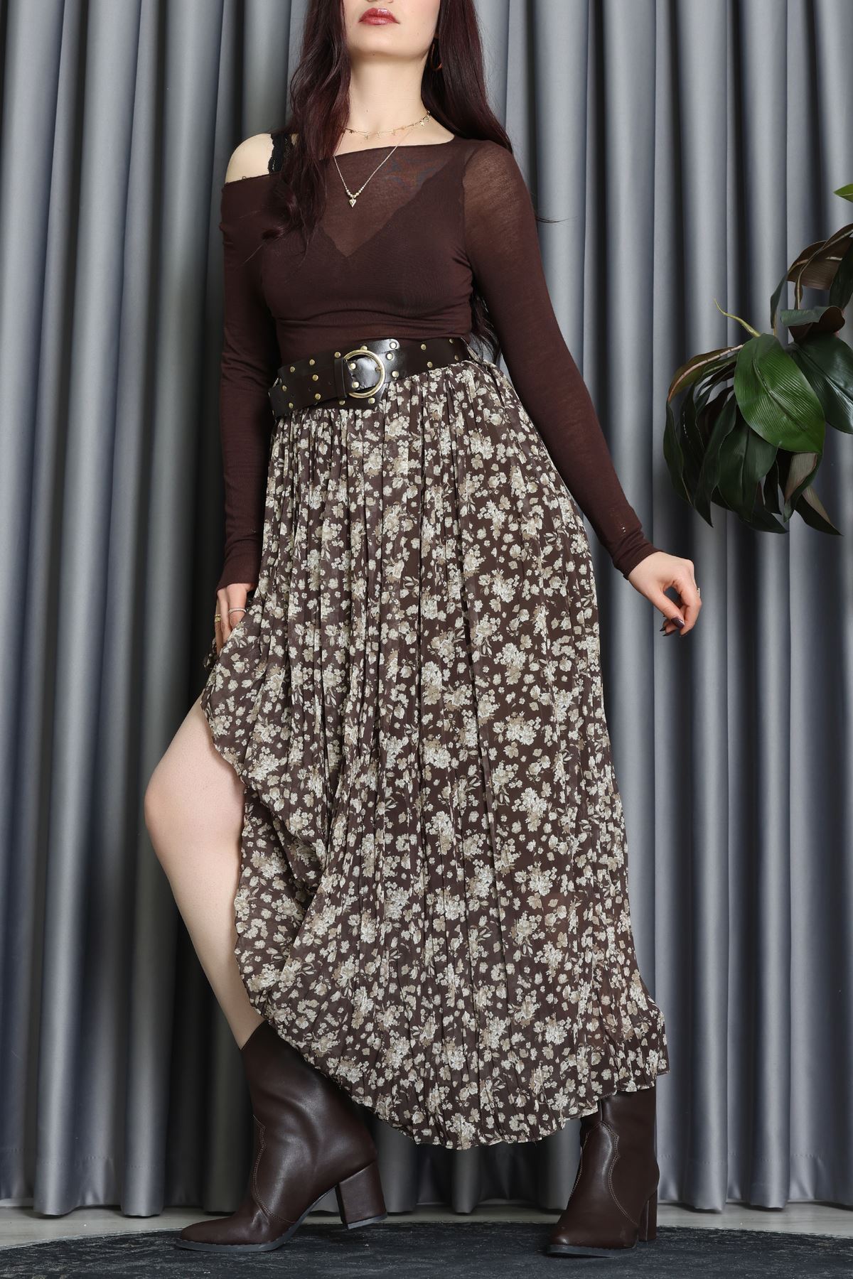 Kemerli Desenli Şifon Astarlı Etek Haki - 71001.1934.