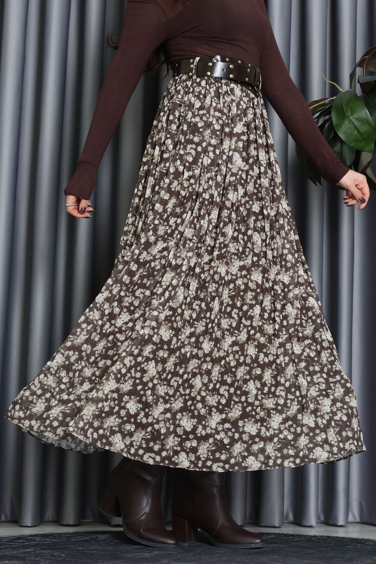 Kemerli Desenli Şifon Astarlı Etek Haki - 71001.1934.