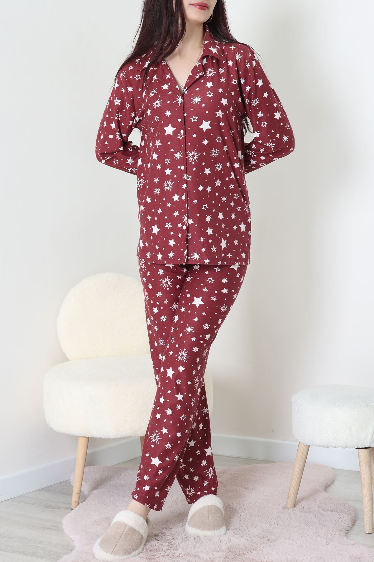 Süet Düğmeli Pijama Takımı Bordo - 31876.1049.