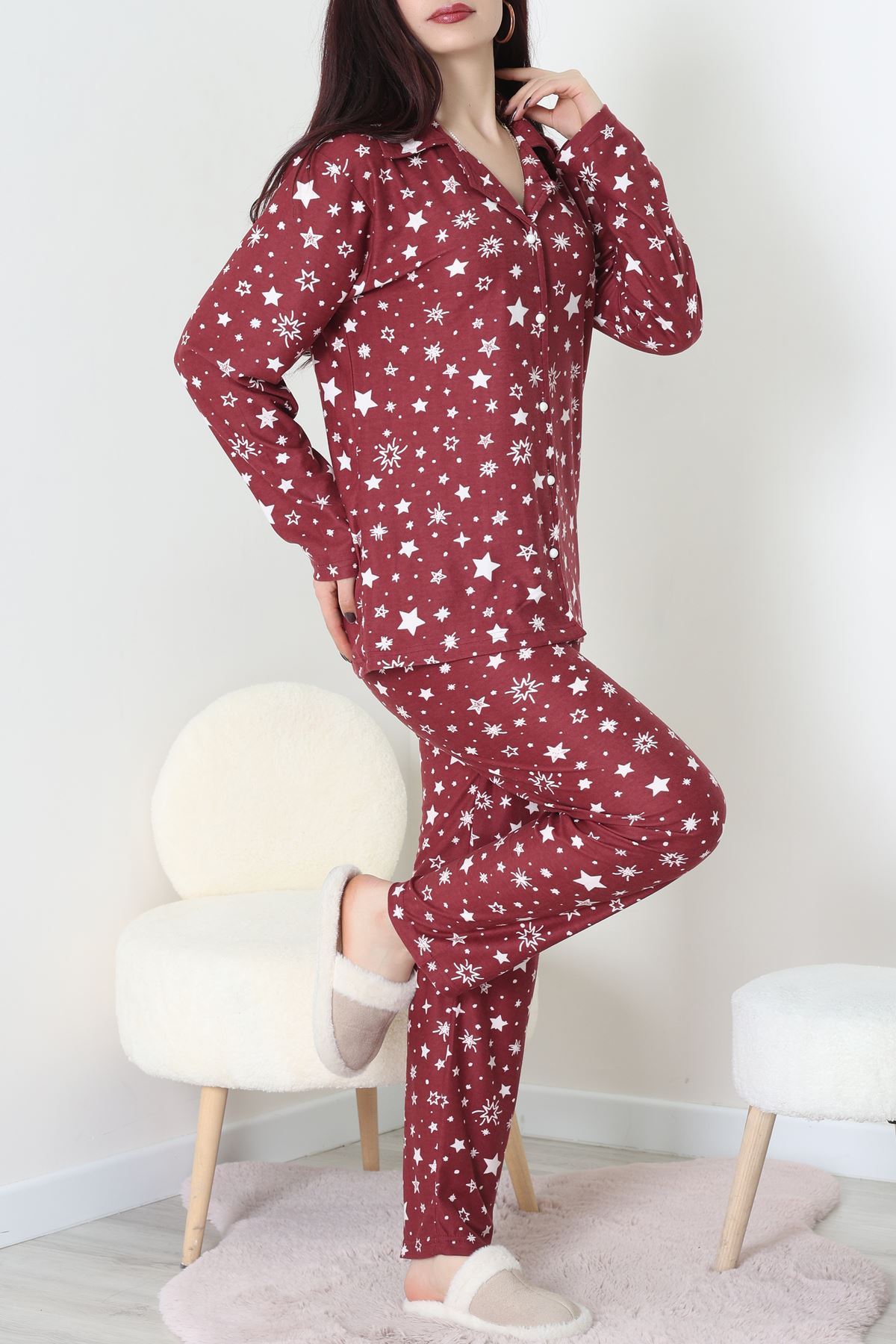 Süet Düğmeli Pijama Takımı Bordo - 31876.1049.