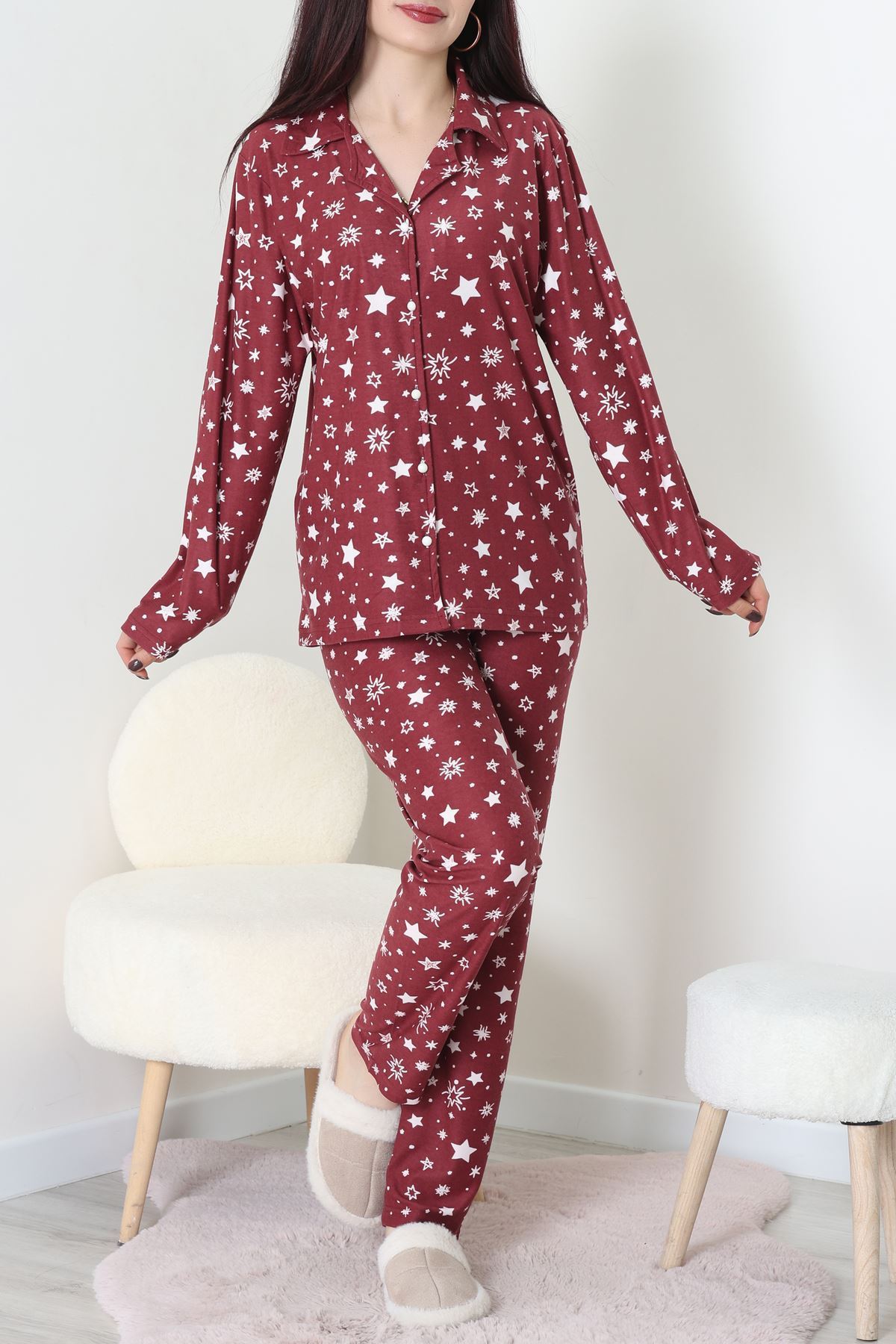 Süet Düğmeli Pijama Takımı Bordo - 31876.1049.