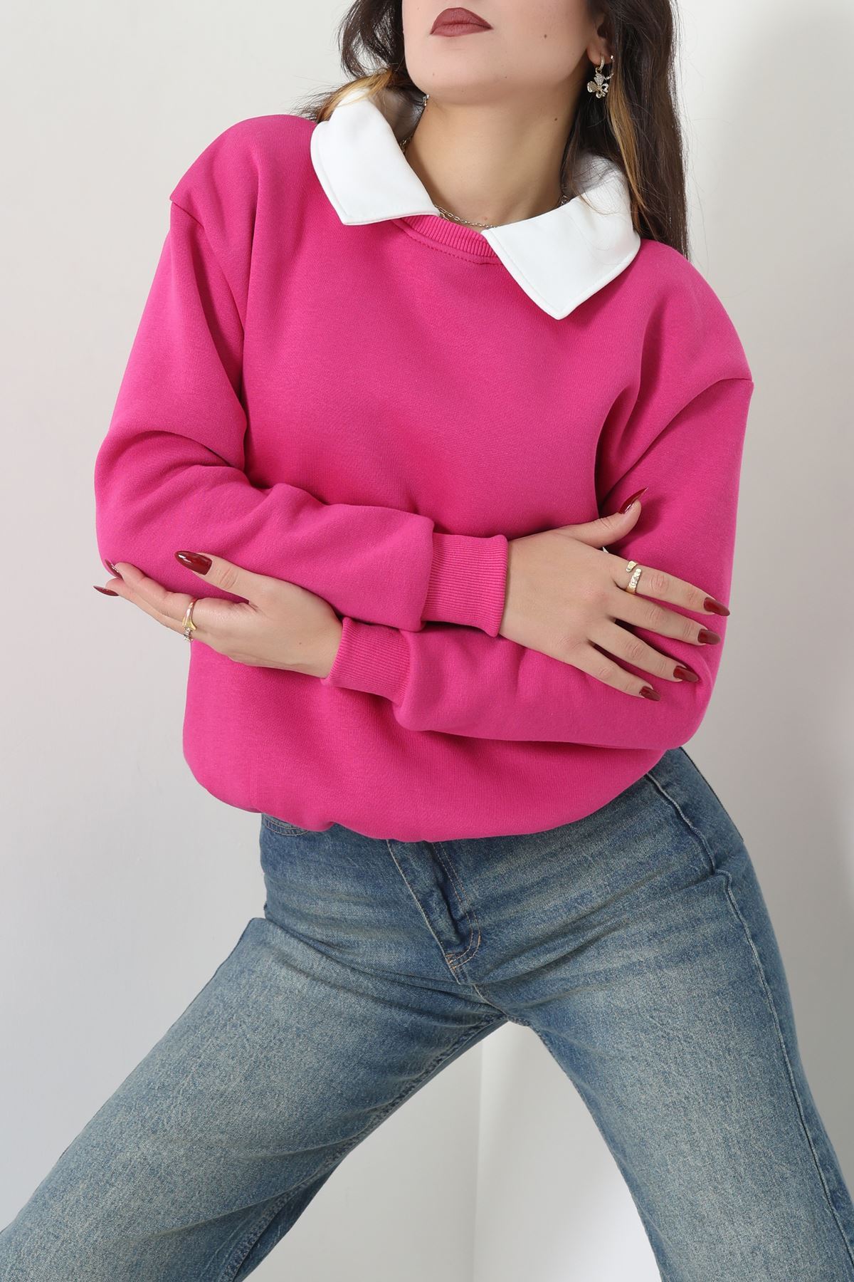 Gömlek Yaka 3 İplik Sweat Fuşya - 21985.200.