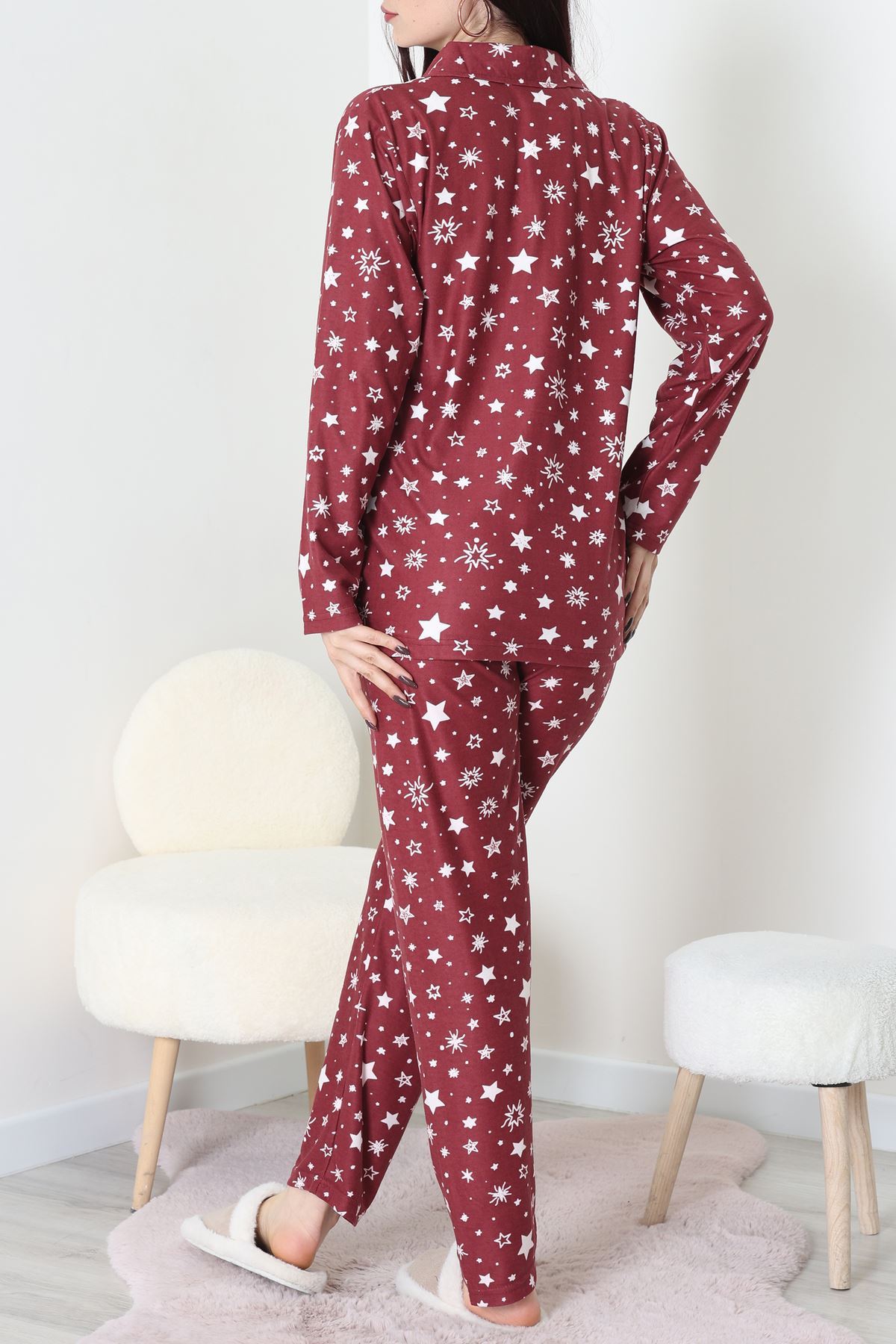 Süet Düğmeli Pijama Takımı Bordo - 31876.1049.