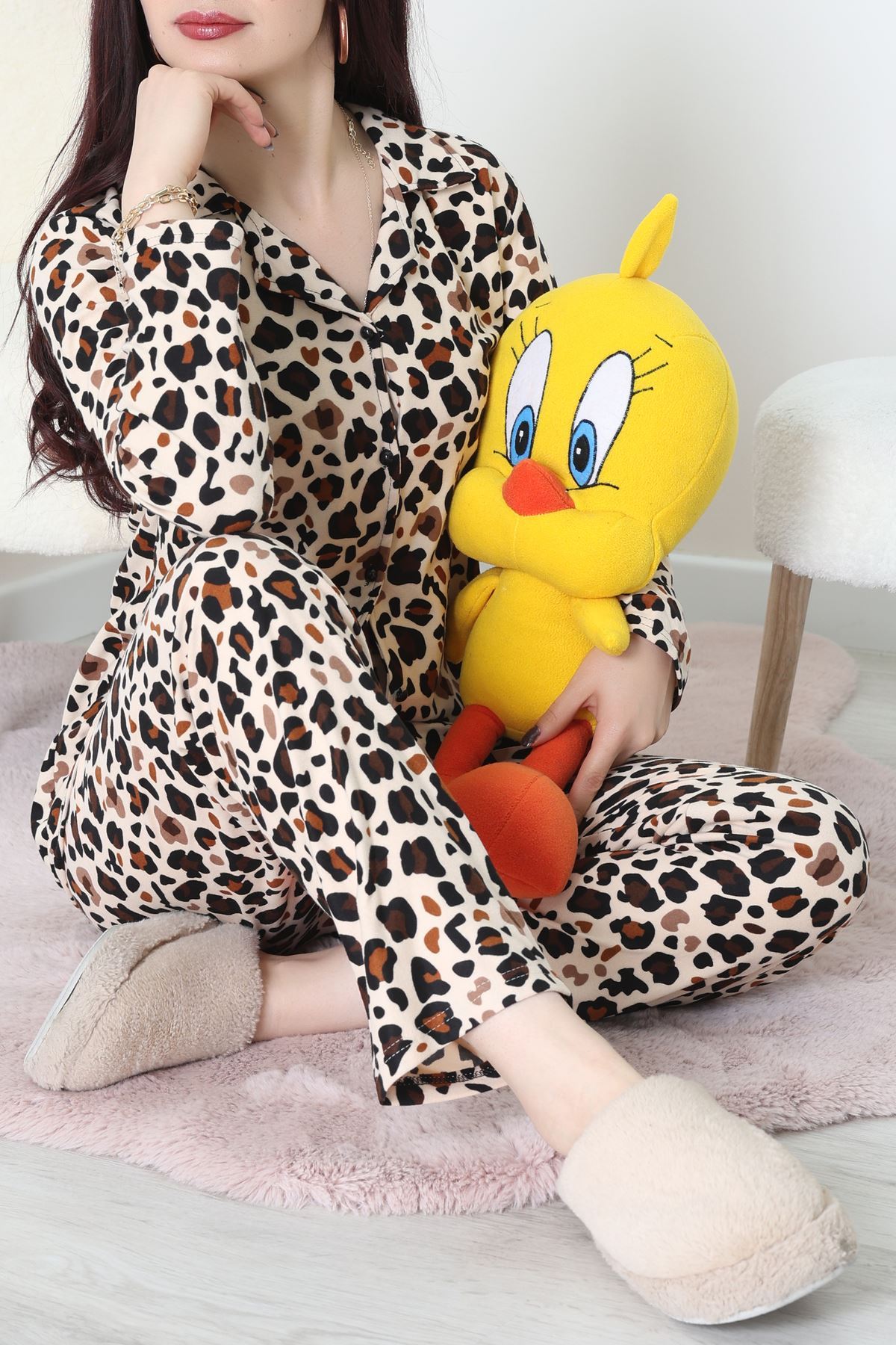 Süet Düğmeli Pijama Takımı Leopar - 31876.1049.