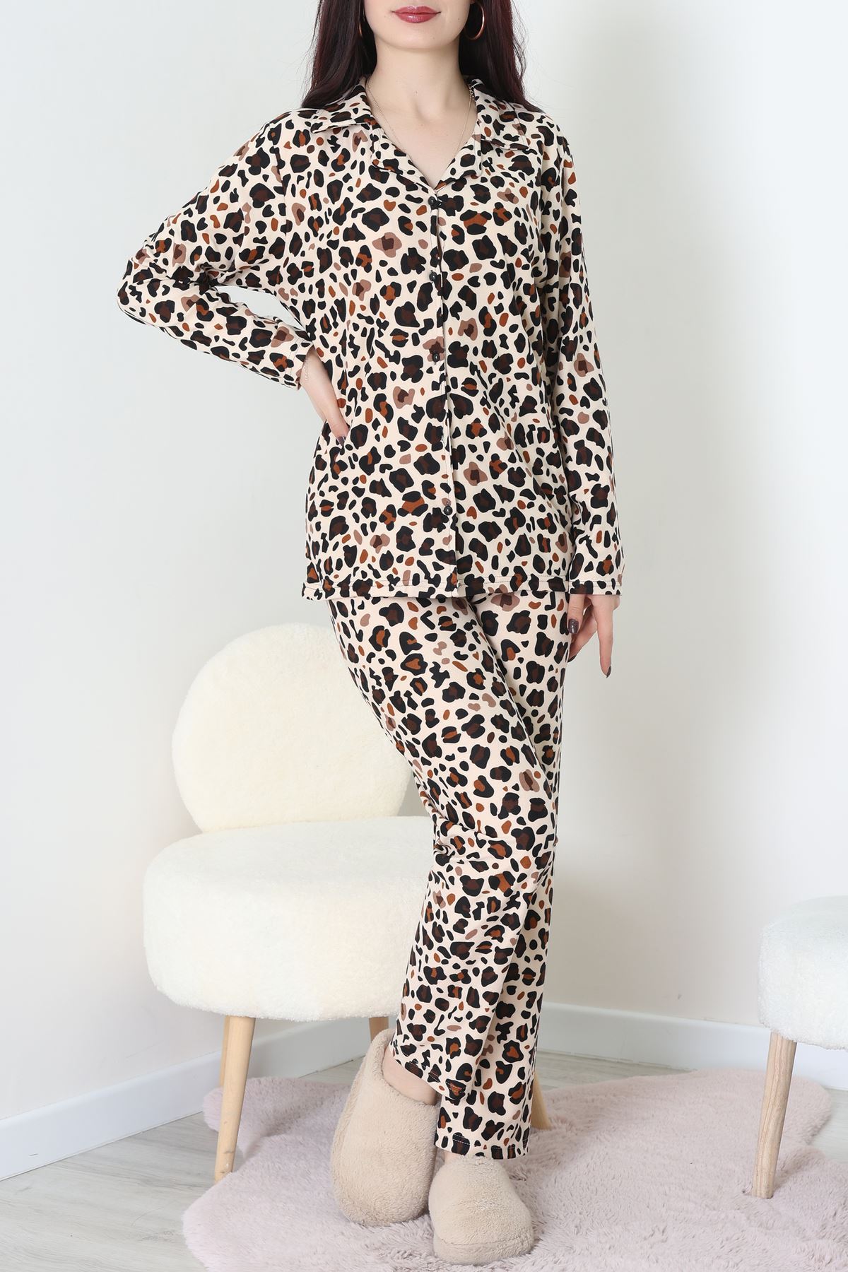 Süet Düğmeli Pijama Takımı Leopar - 31876.1049.