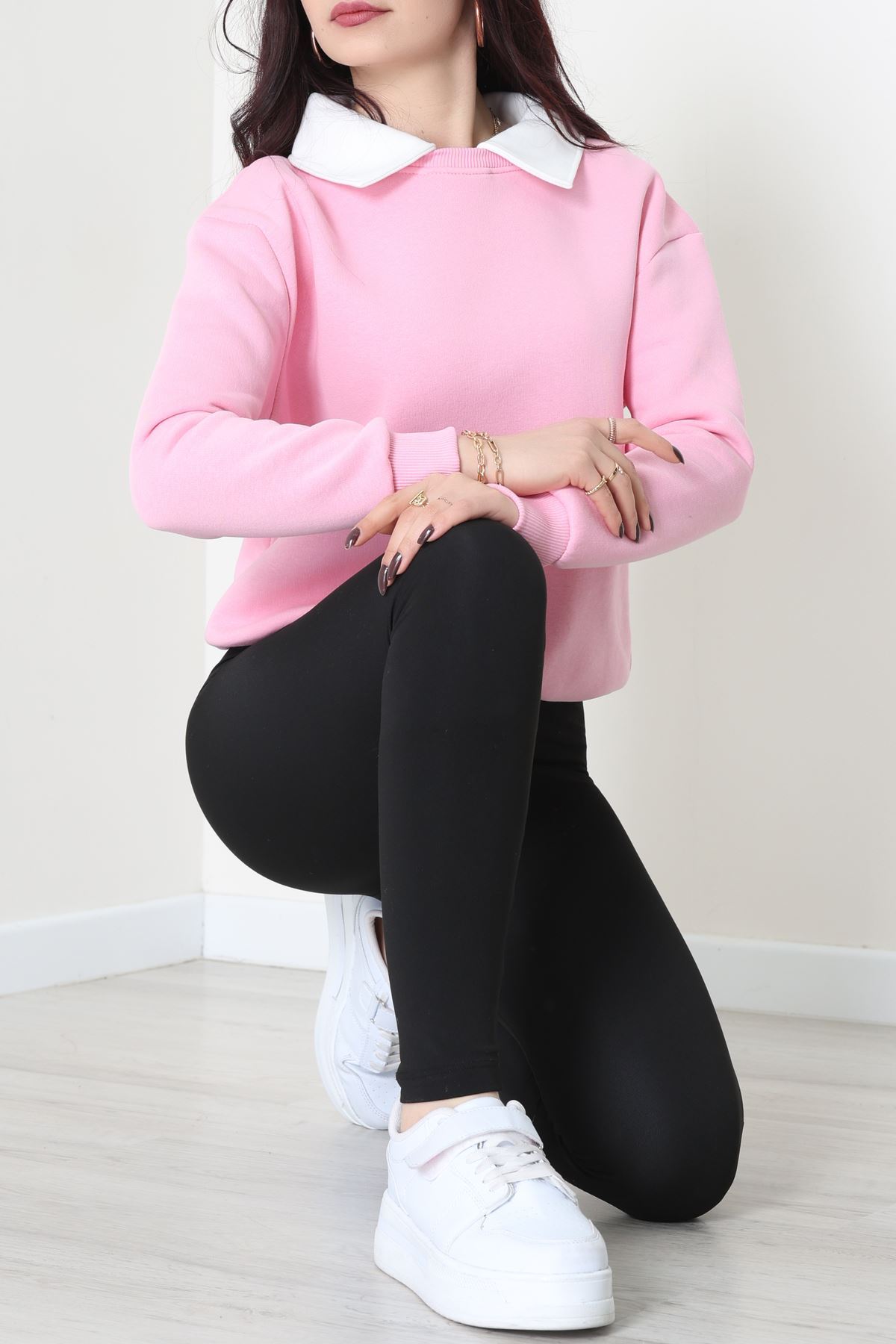 Gömlek Yaka 3 İplik Sweat Pembe - 21985.200.