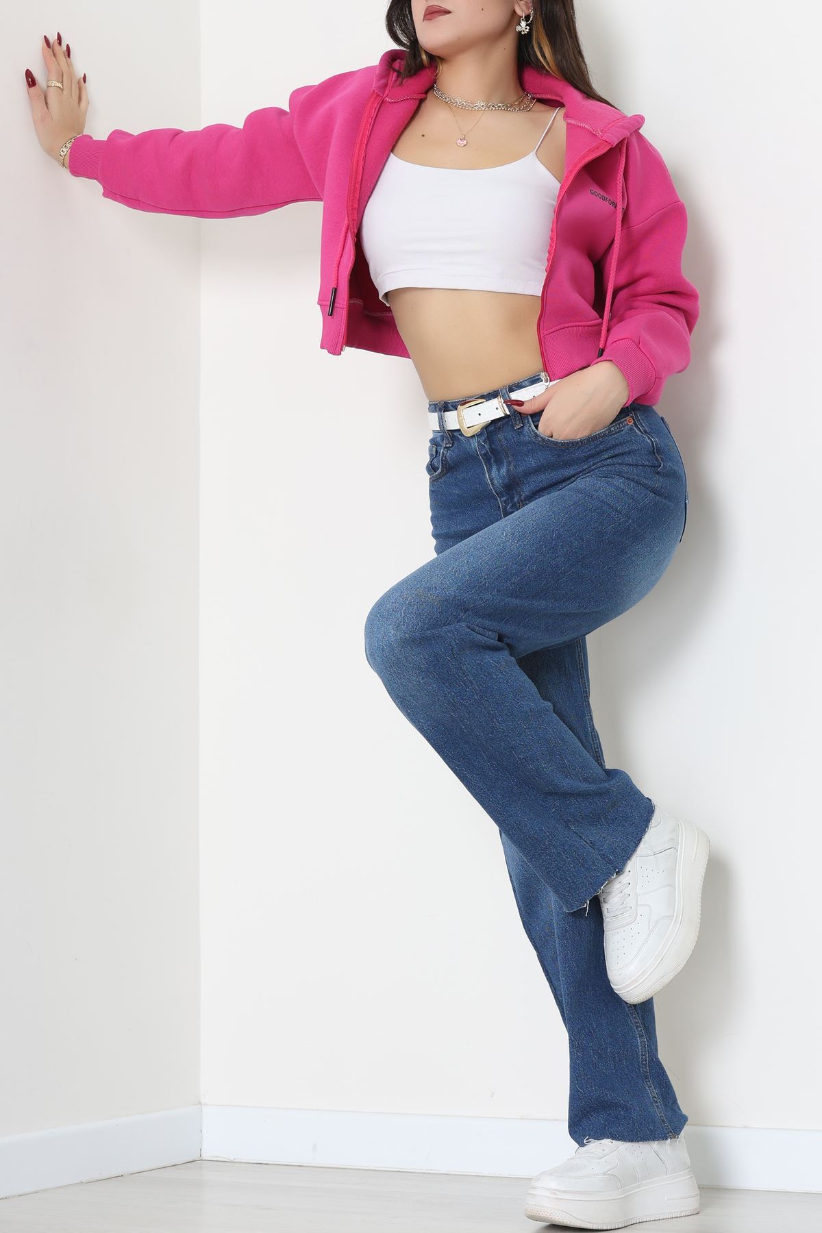 3 İplik Oversize Fermuarlı Sweat Fuşya - 42501.1878.