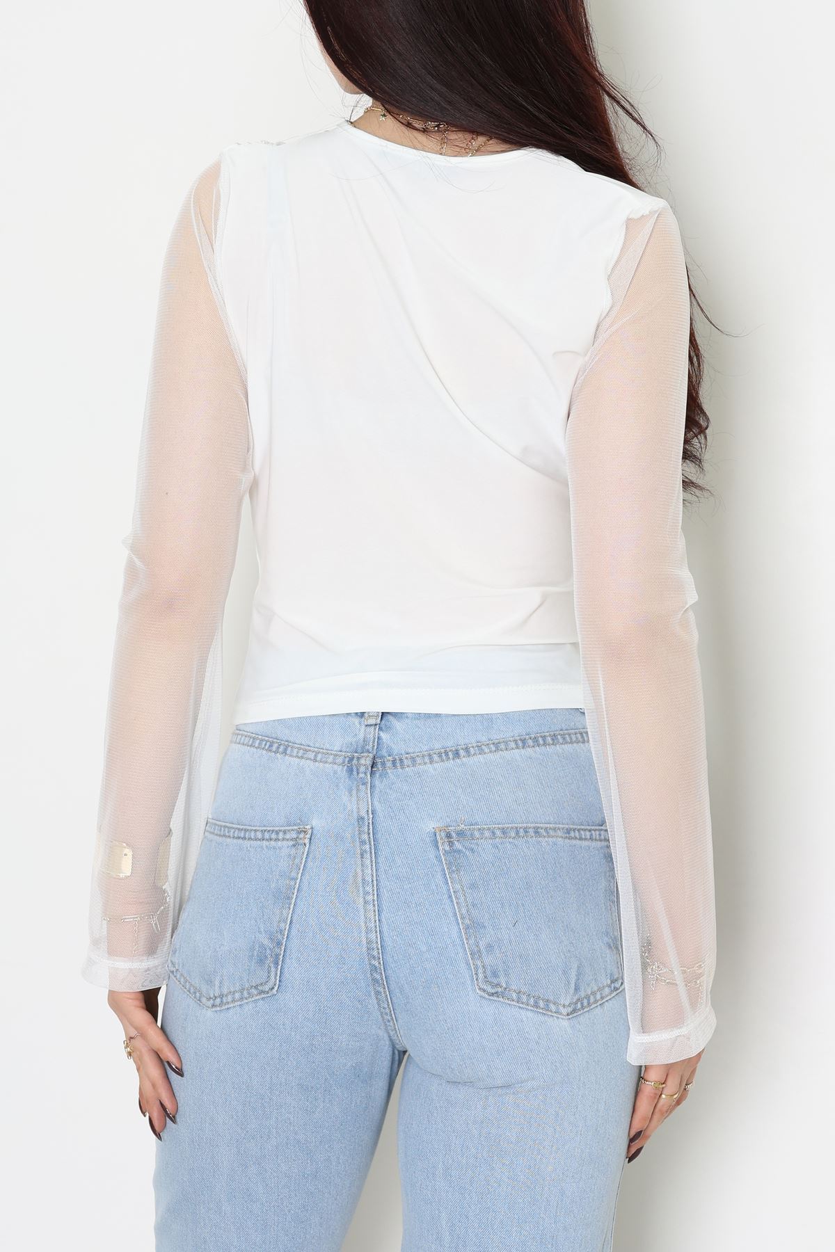 Yanı Büzgülü Kolu Tüllü Bluz Beyaz - 32532.2115.