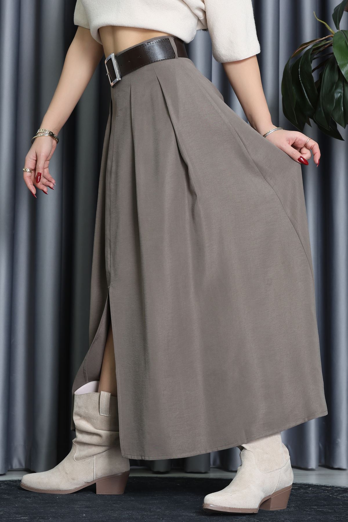 Pileli Kemerli Midi Etek Vizon - 70999.1934.