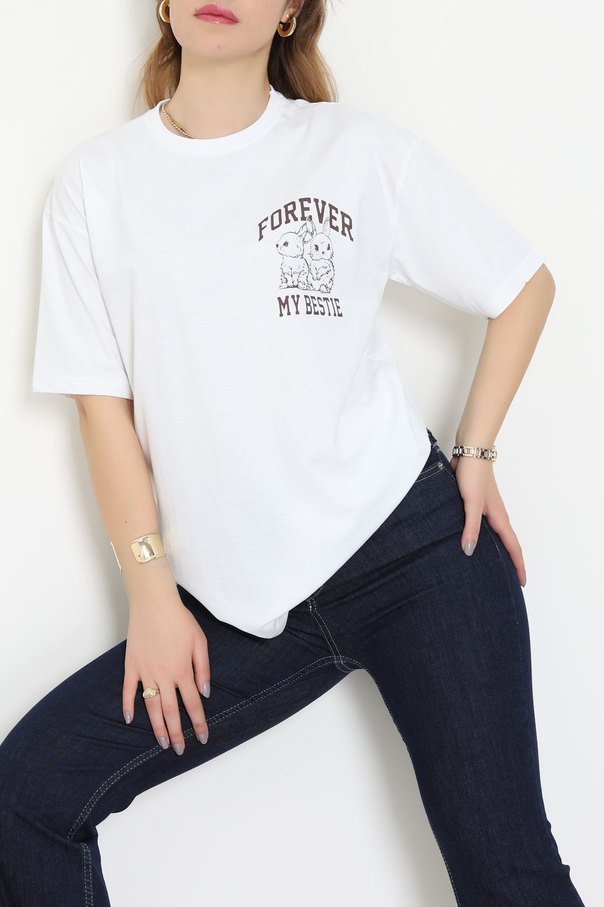 Baskılı Kompakt Penye Tişört Beyazkahve - 55044.1872.