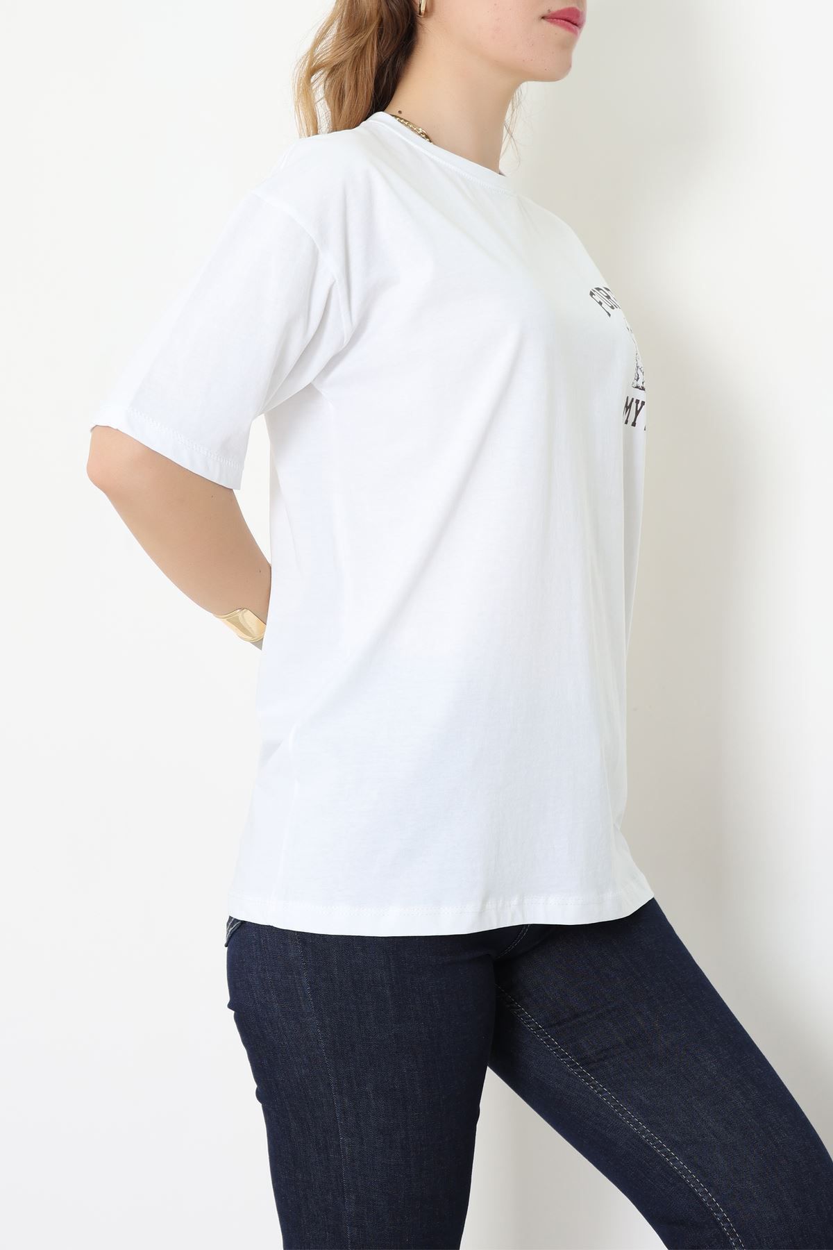 Baskılı Kompakt Penye Tişört Beyazkahve - 55044.1872.