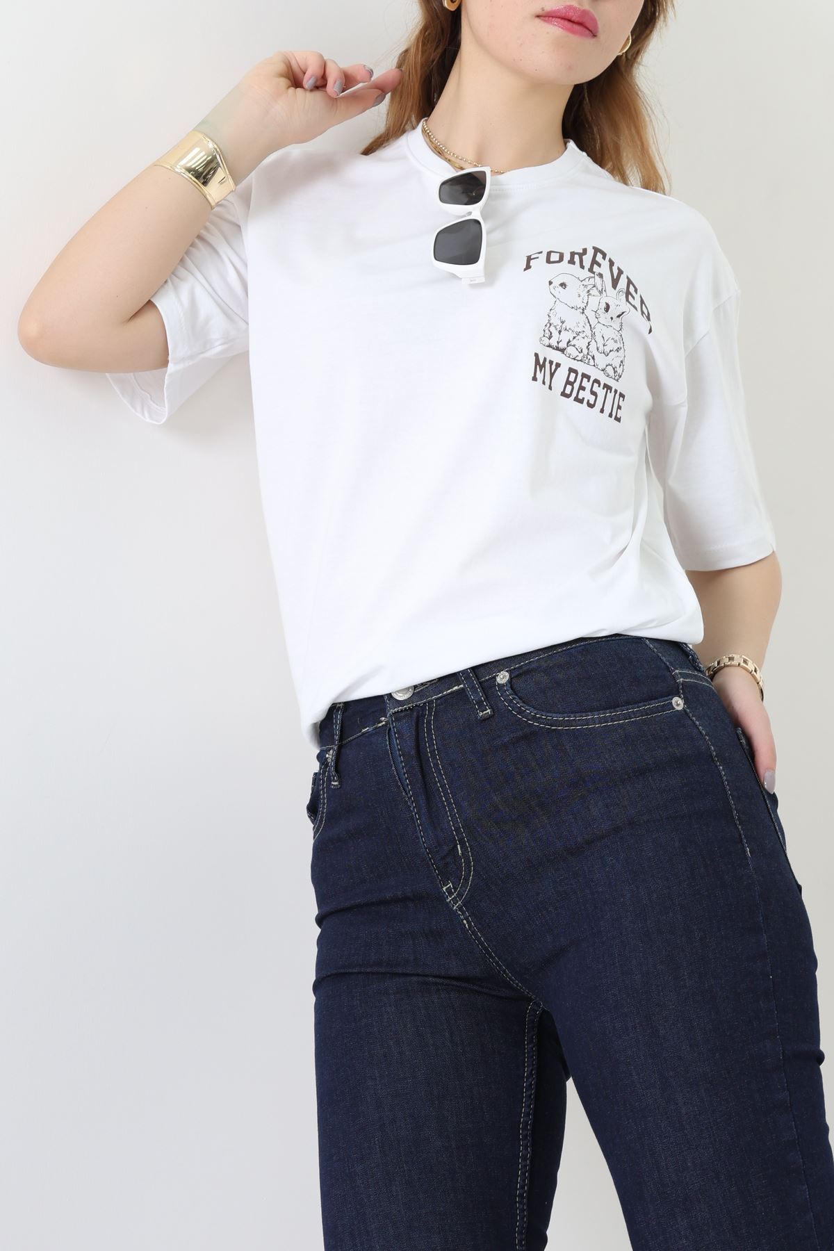 Baskılı Kompakt Penye Tişört Beyazkahve - 55044.1872.