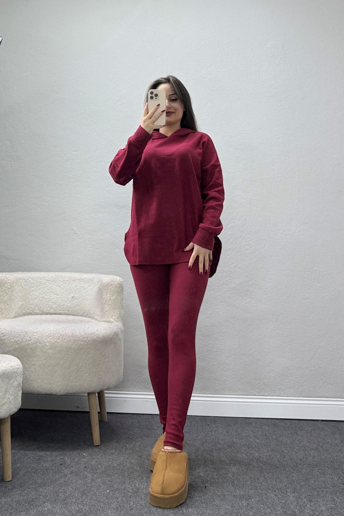 Raporlu İnterlok Kapşonlu İkili Takım Bordo - 55040.1567.