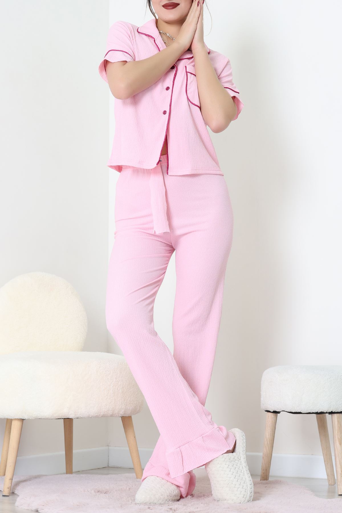 Bürümcük Kumaş Pijama Takımı Pembe - 31800.1961.