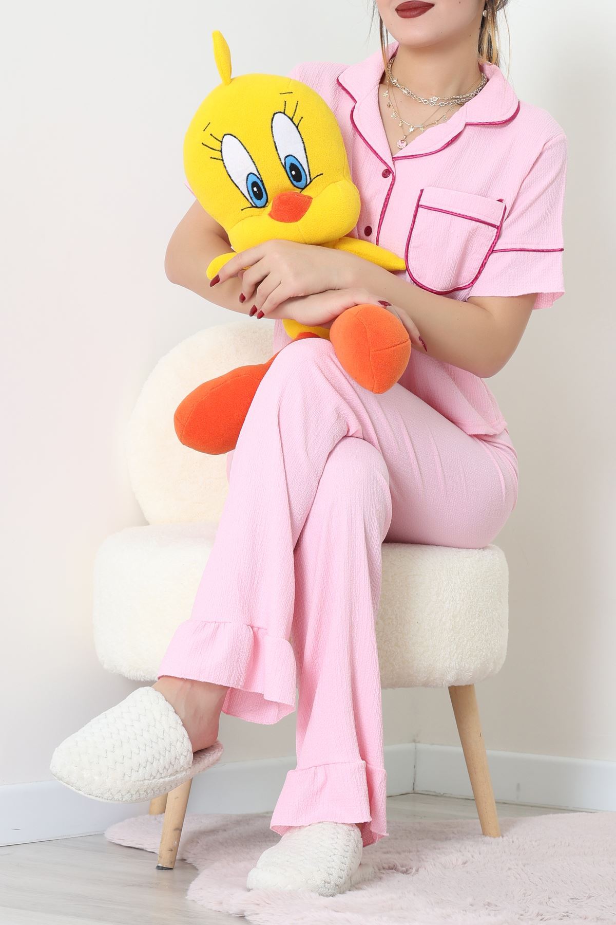 Bürümcük Kumaş Pijama Takımı Pembe - 31800.1961.