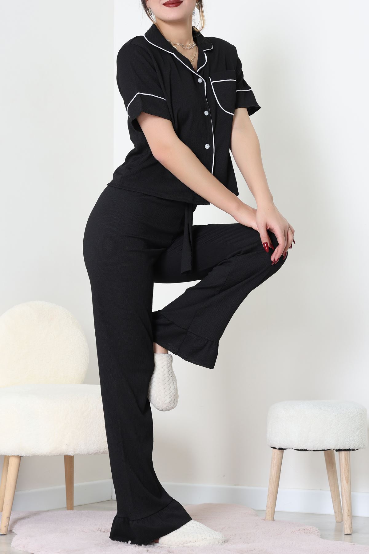 Bürümcük Kumaş Pijama Takımı Siyah - 31800.1961.