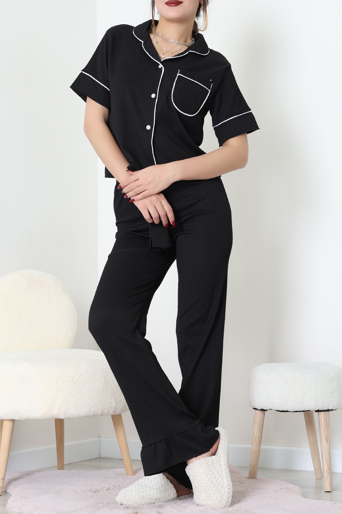 Bürümcük Kumaş Pijama Takımı Siyah - 31800.1961.