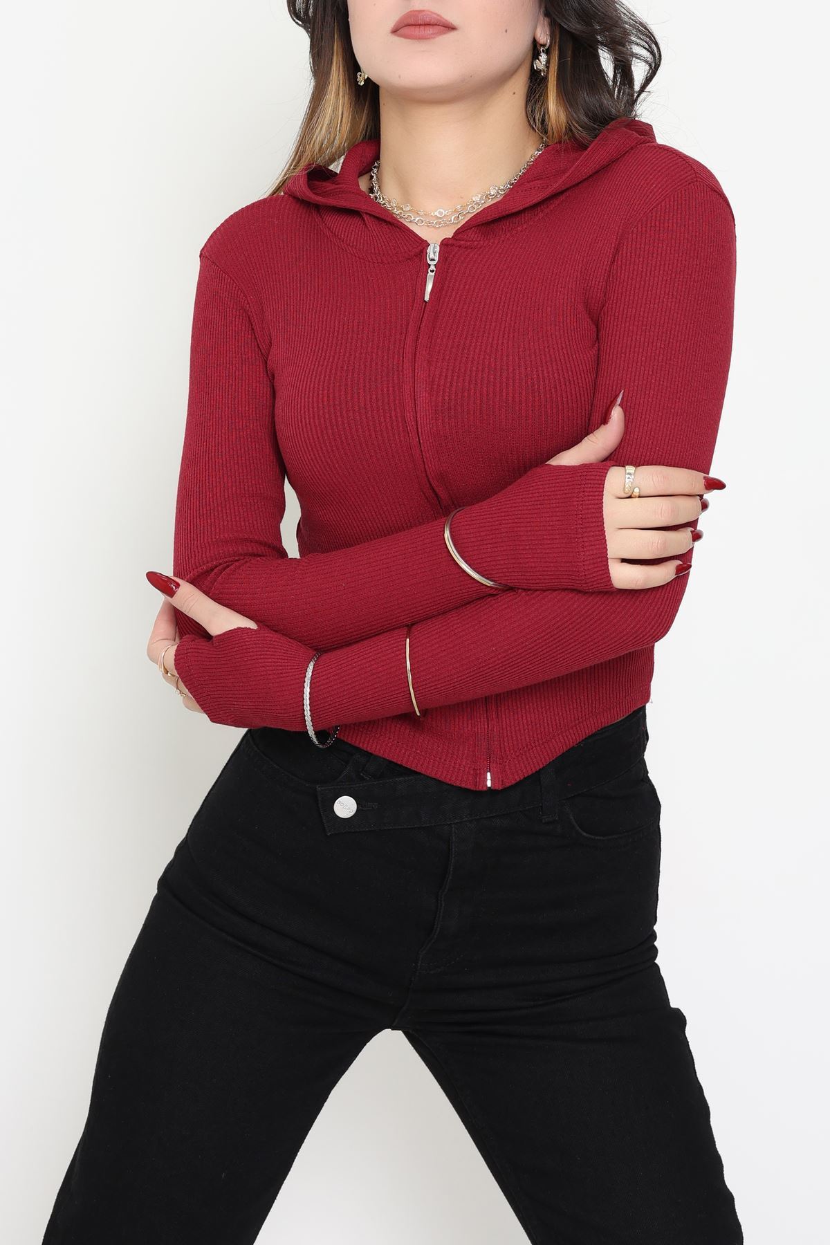 Kapşonlu Parmak Geçmeli Body Bordo - 70769.1567.
