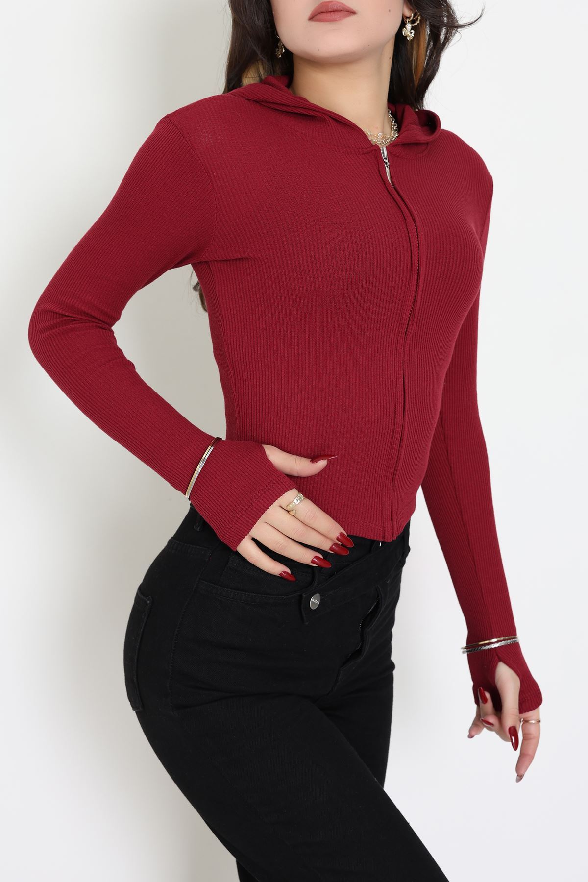 Kapşonlu Parmak Geçmeli Body Bordo - 70769.1567.