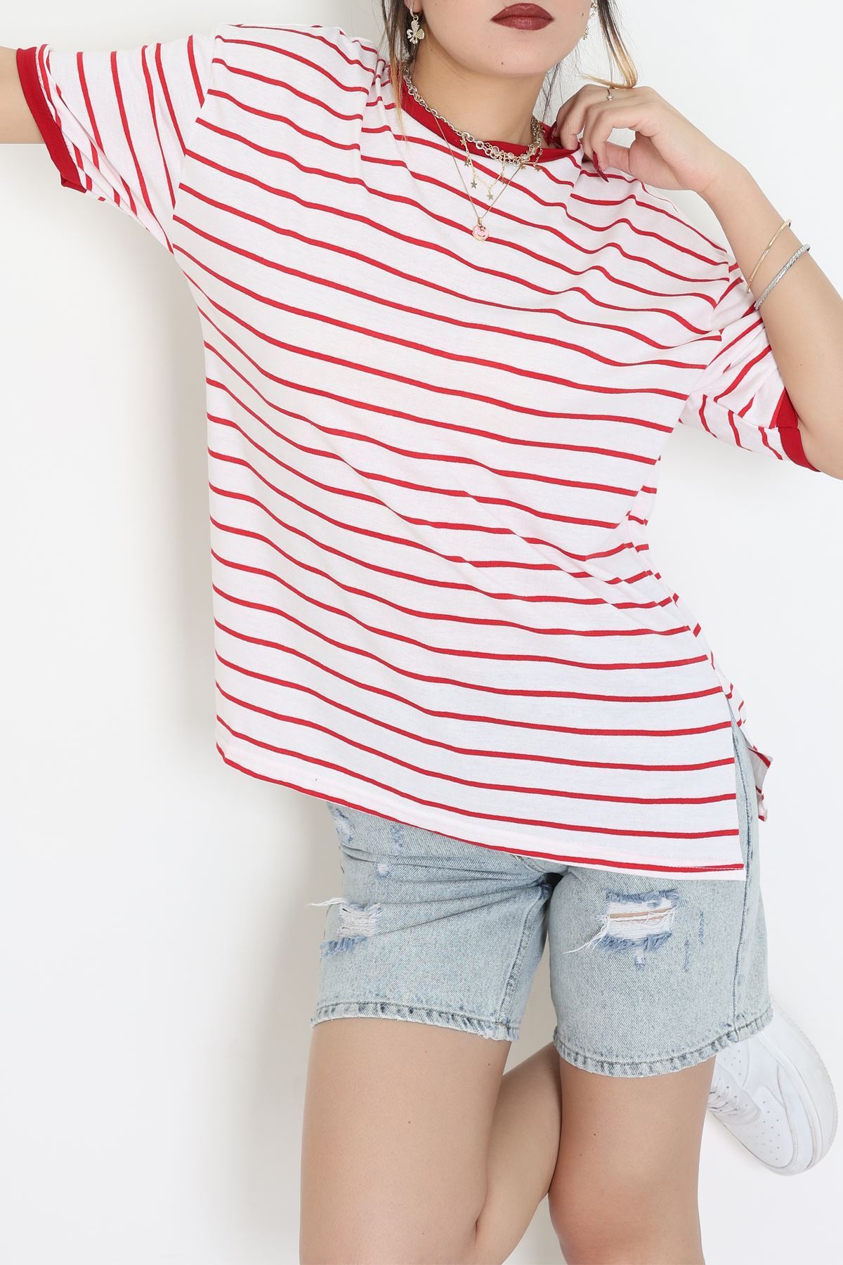 Bisiklet Yaka Çizgili Rejenere Süprem Tişört Ekrukırmızı - 601.1567.