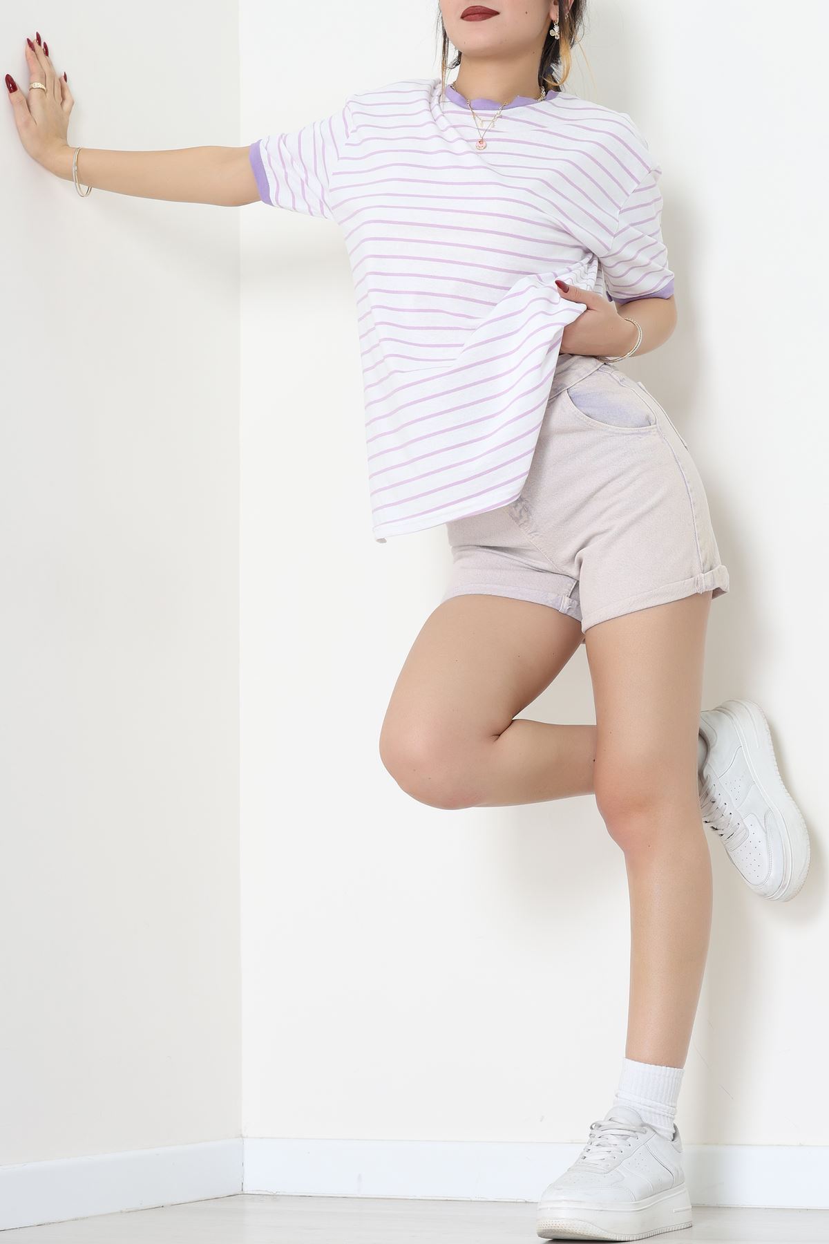 Bisiklet Yaka Çizgili Rejenere Süprem Tişört Beyazlila - 601.1567.