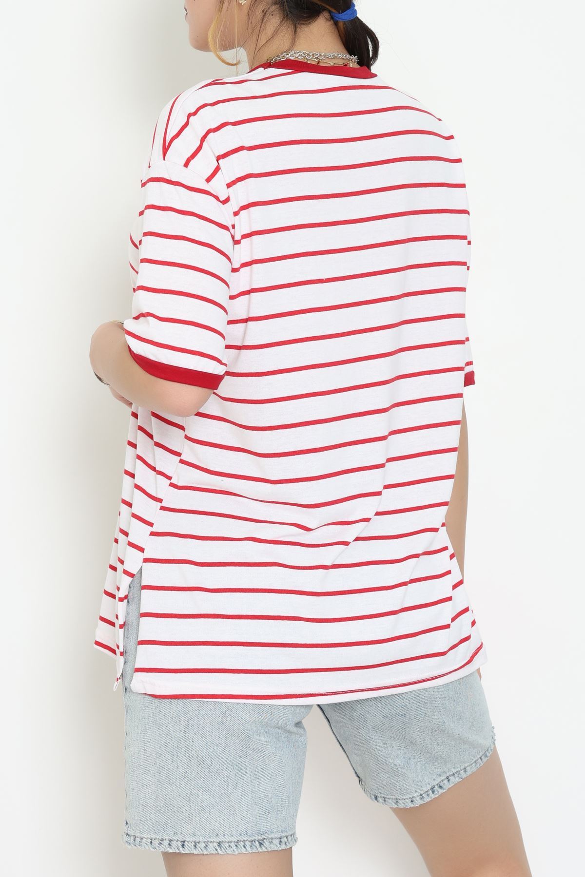 Bisiklet Yaka Çizgili Rejenere Süprem Tişört Ekrukırmızı - 601.1567.