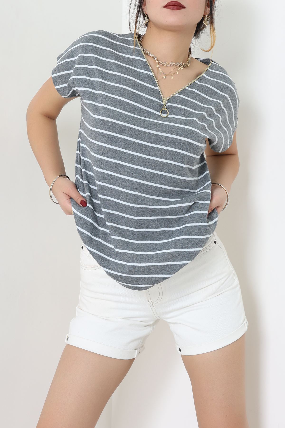 V Yaka Fermuarlı Rejenere Süprem Tişört Antrasitbeyaz - 600.1567.