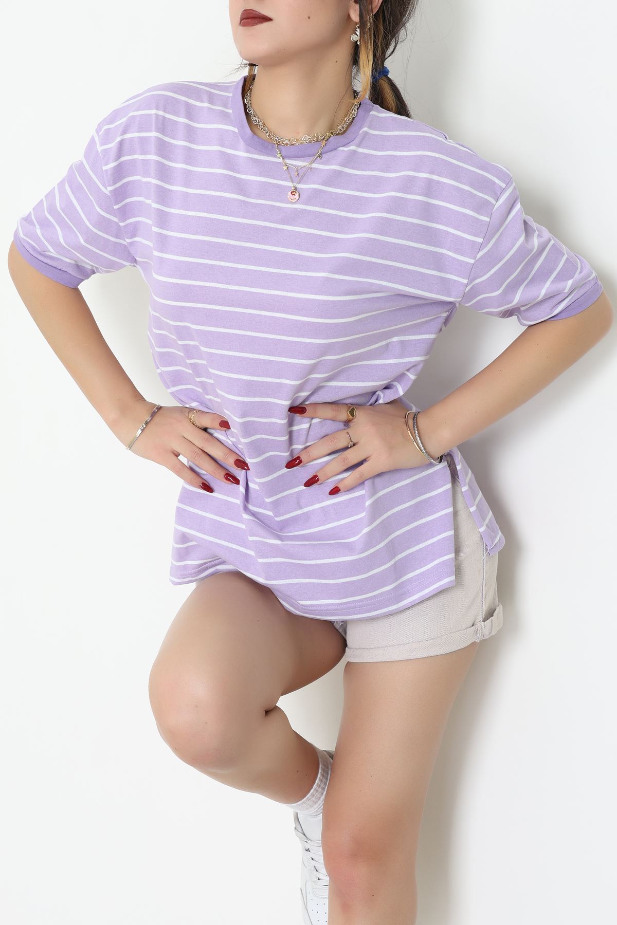 Bisiklet Yaka Çizgili Rejenere Süprem Tişört Lilabeyaz - 601.1567.