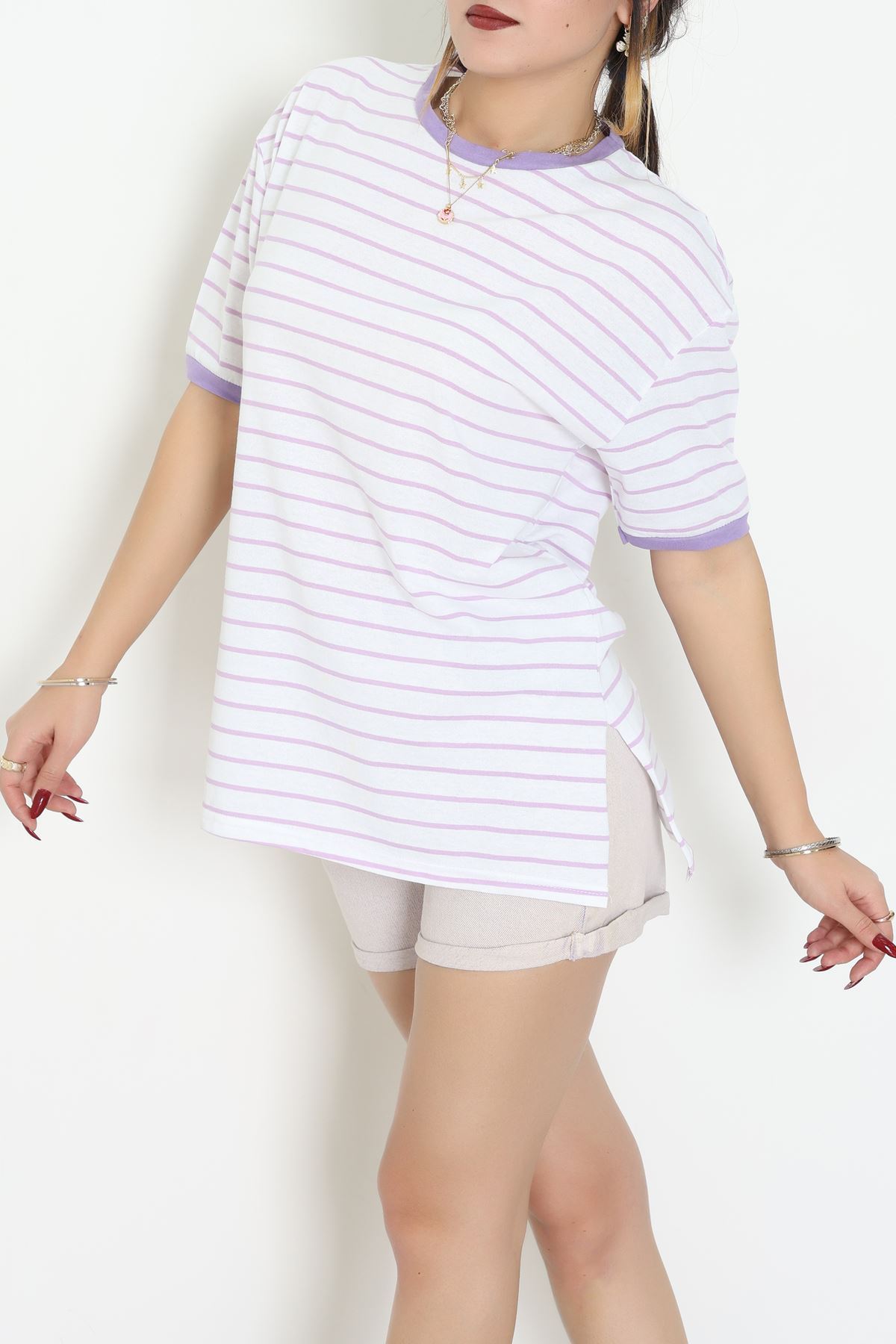 Bisiklet Yaka Çizgili Rejenere Süprem Tişört Beyazlila - 601.1567.
