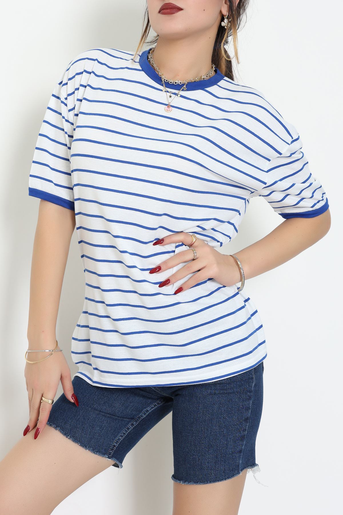 Bisiklet Yaka Çizgili Rejenere Süprem Tişört Beyazsaks - 601.1567.