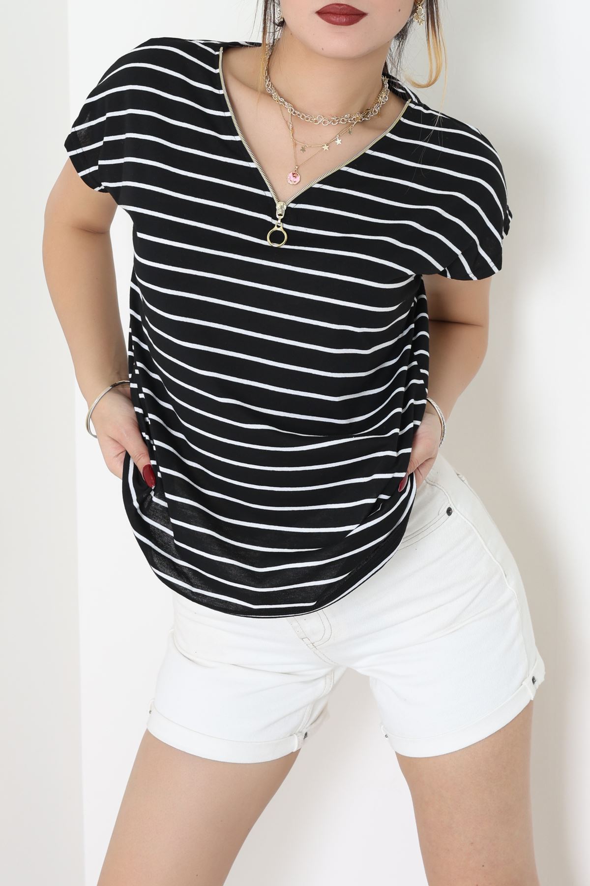 V Yaka Fermuarlı Rejenere Süprem Tişört Siyahbeyaz - 600.1567.