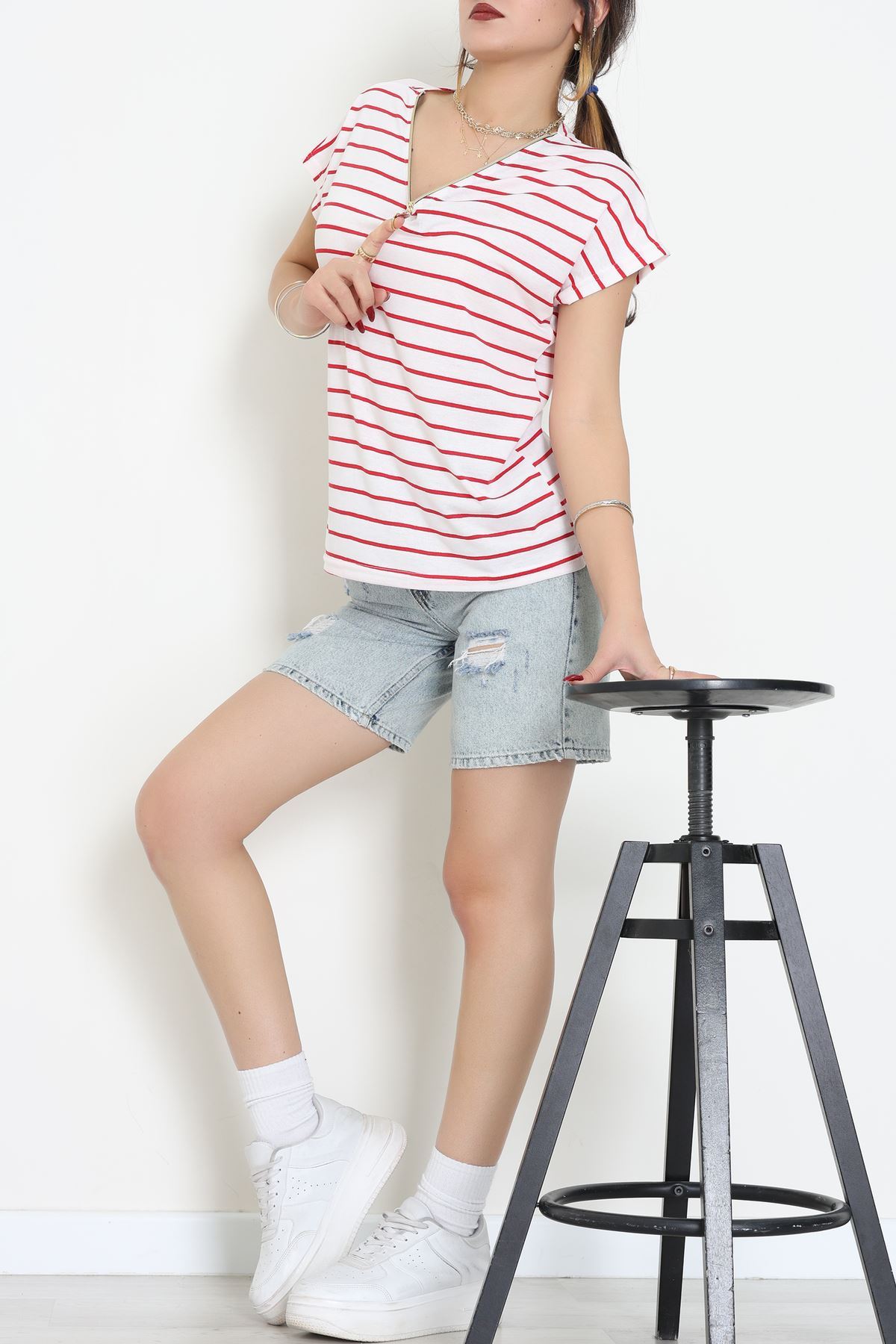 V Yaka Fermuarlı Rejenere Süprem Tişört Ekrukırmızı - 600.1567.