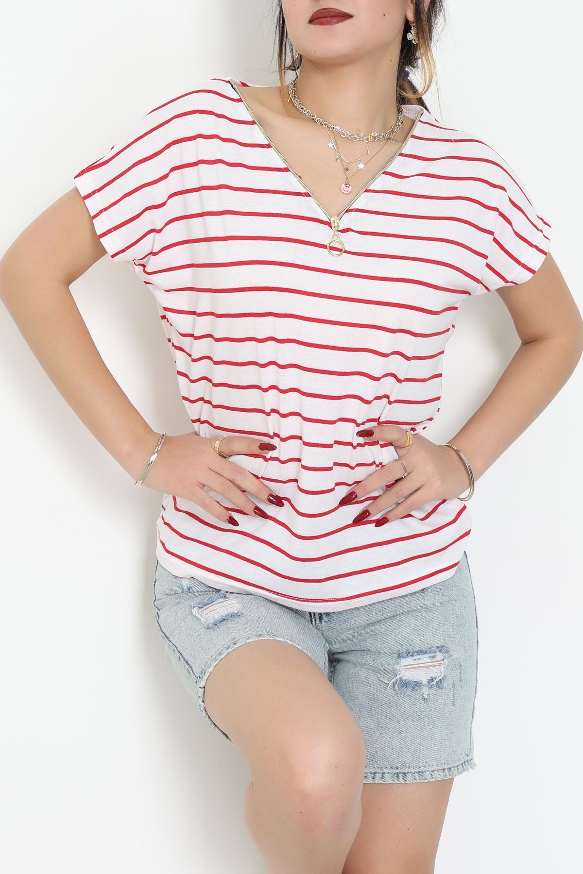 V Yaka Fermuarlı Rejenere Süprem Tişört Ekrukırmızı - 600.1567.