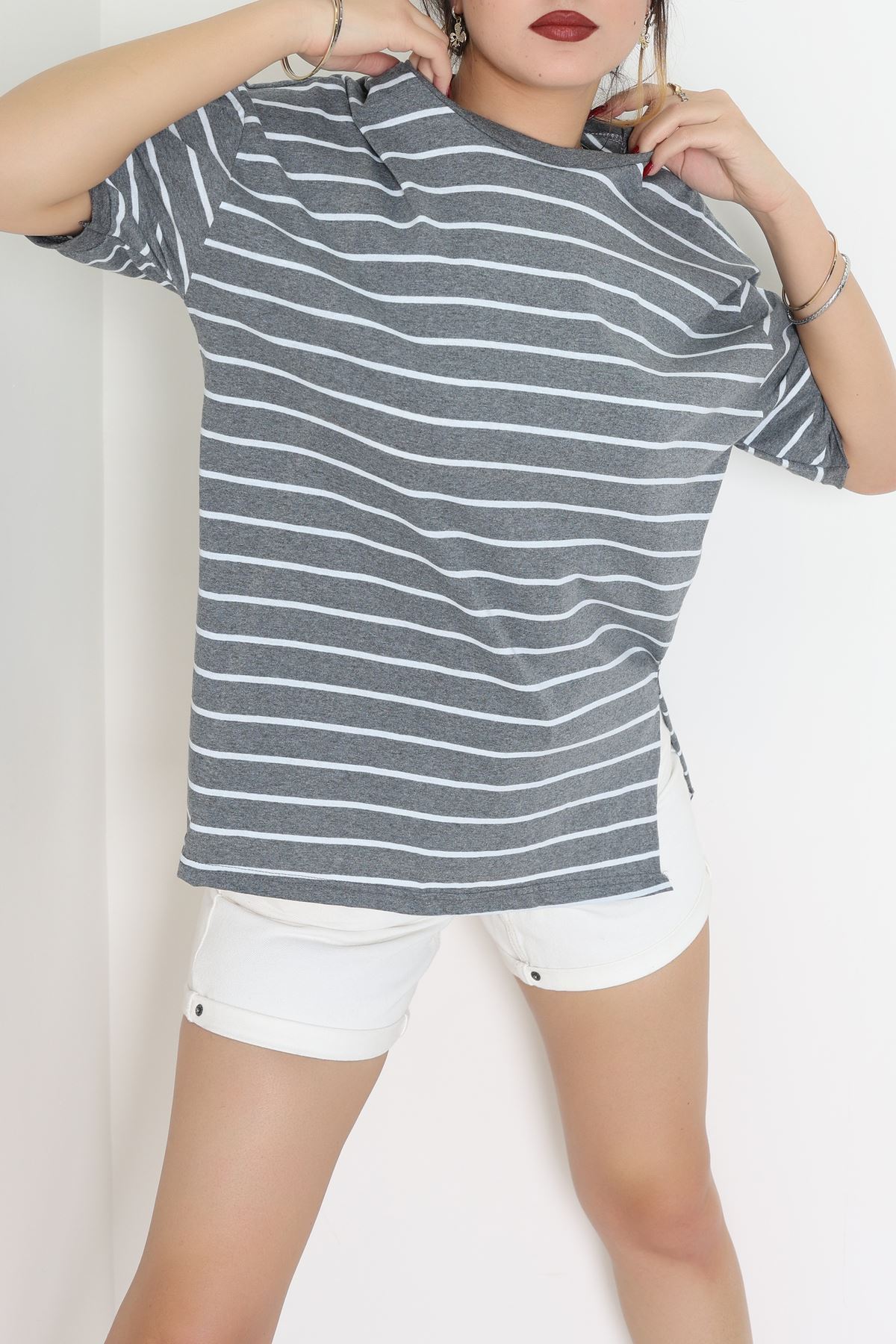 Bisiklet Yaka Çizgili Rejenere Süprem Tişört Antrasitbeyaz - 601.1567.