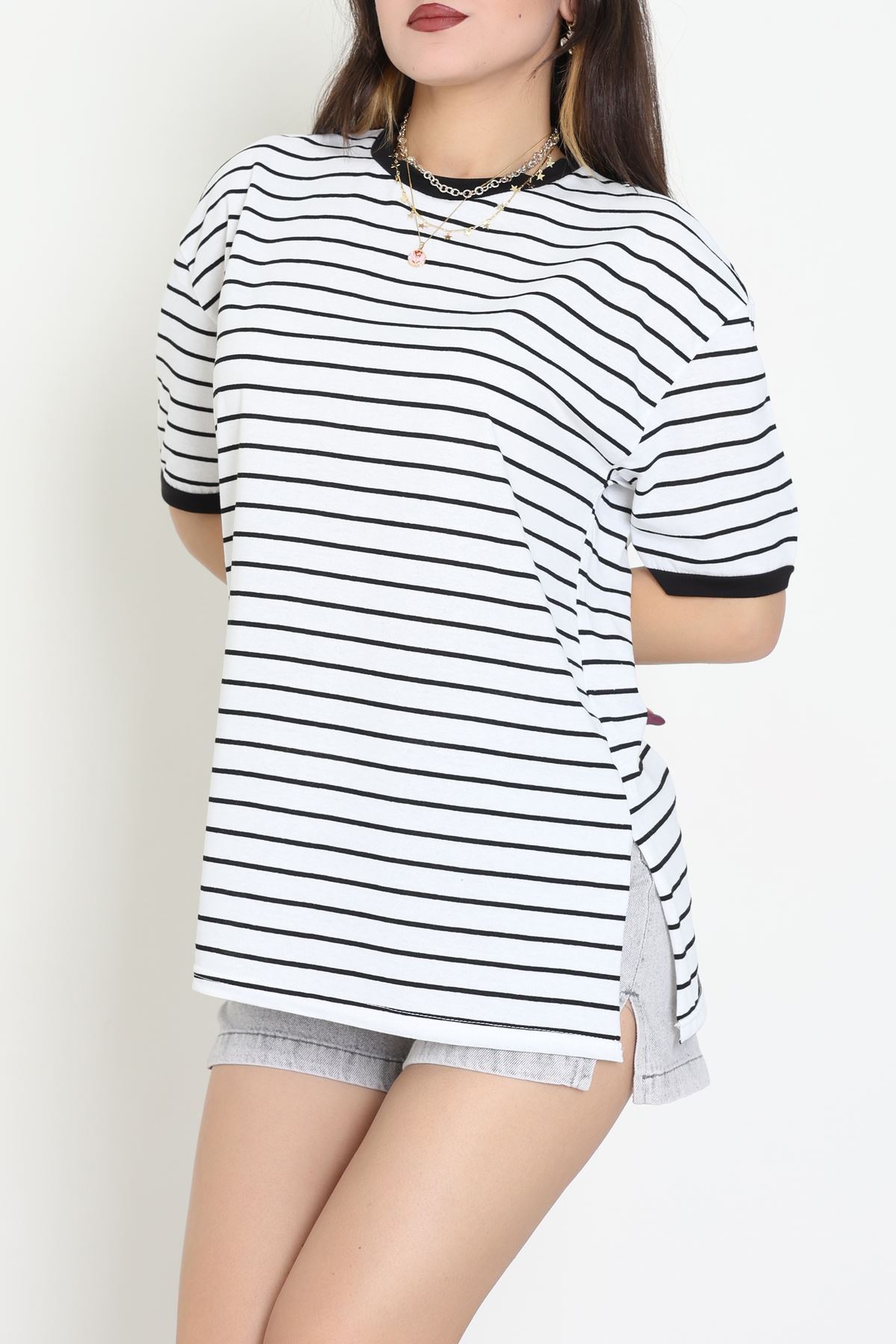 Bisiklet Yaka Çizgili Rejenere Süprem Tişört Beyazsiyah - 601.1567.