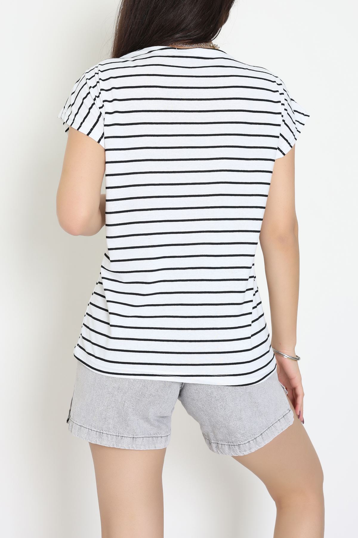 V Yaka Fermuarlı Rejenere Süprem Tişört Beyazsiyah - 600.1567.