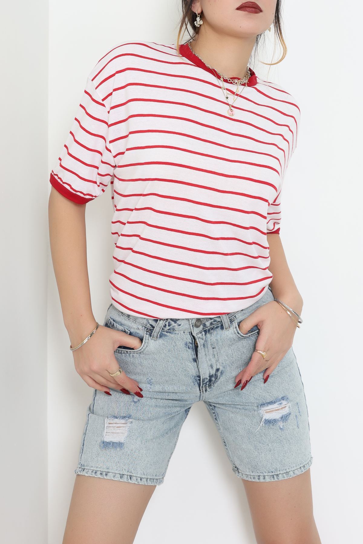 Bisiklet Yaka Çizgili Rejenere Süprem Tişört Ekrukırmızı - 601.1567.