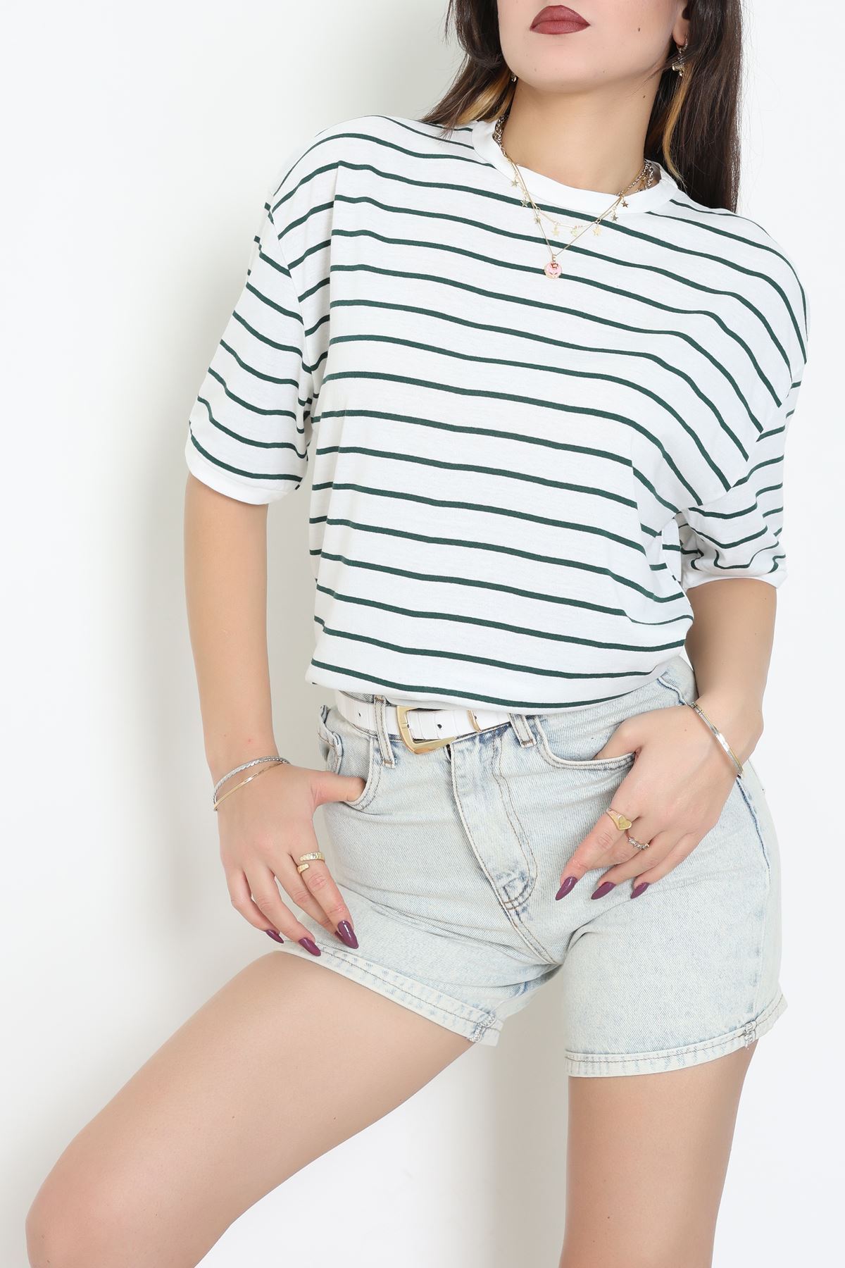 Bisiklet Yaka Çizgili Rejenere Süprem Tişört Beyazzümrüt - 601.1567.