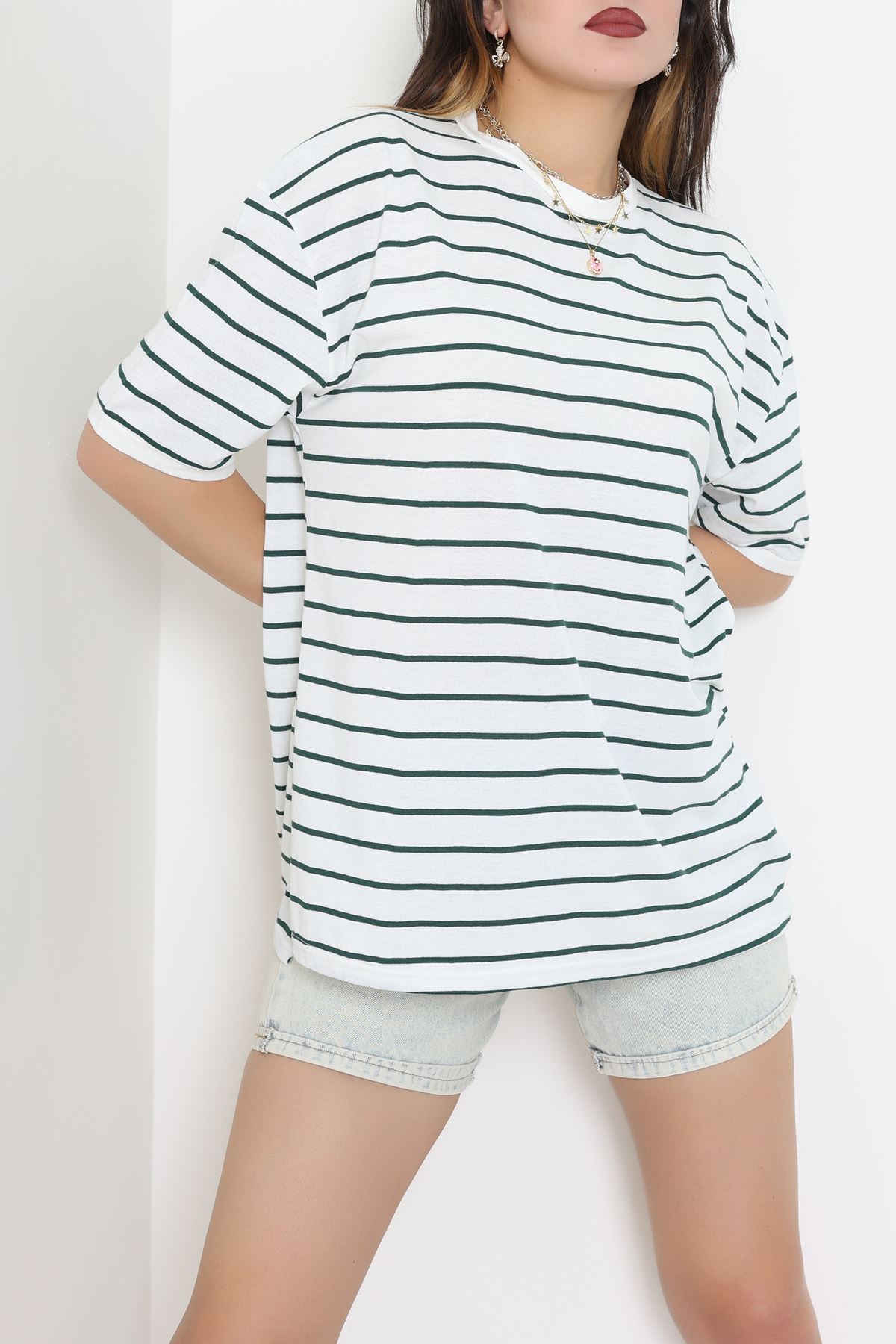 Bisiklet Yaka Çizgili Rejenere Süprem Tişört Beyazzümrüt - 601.1567.