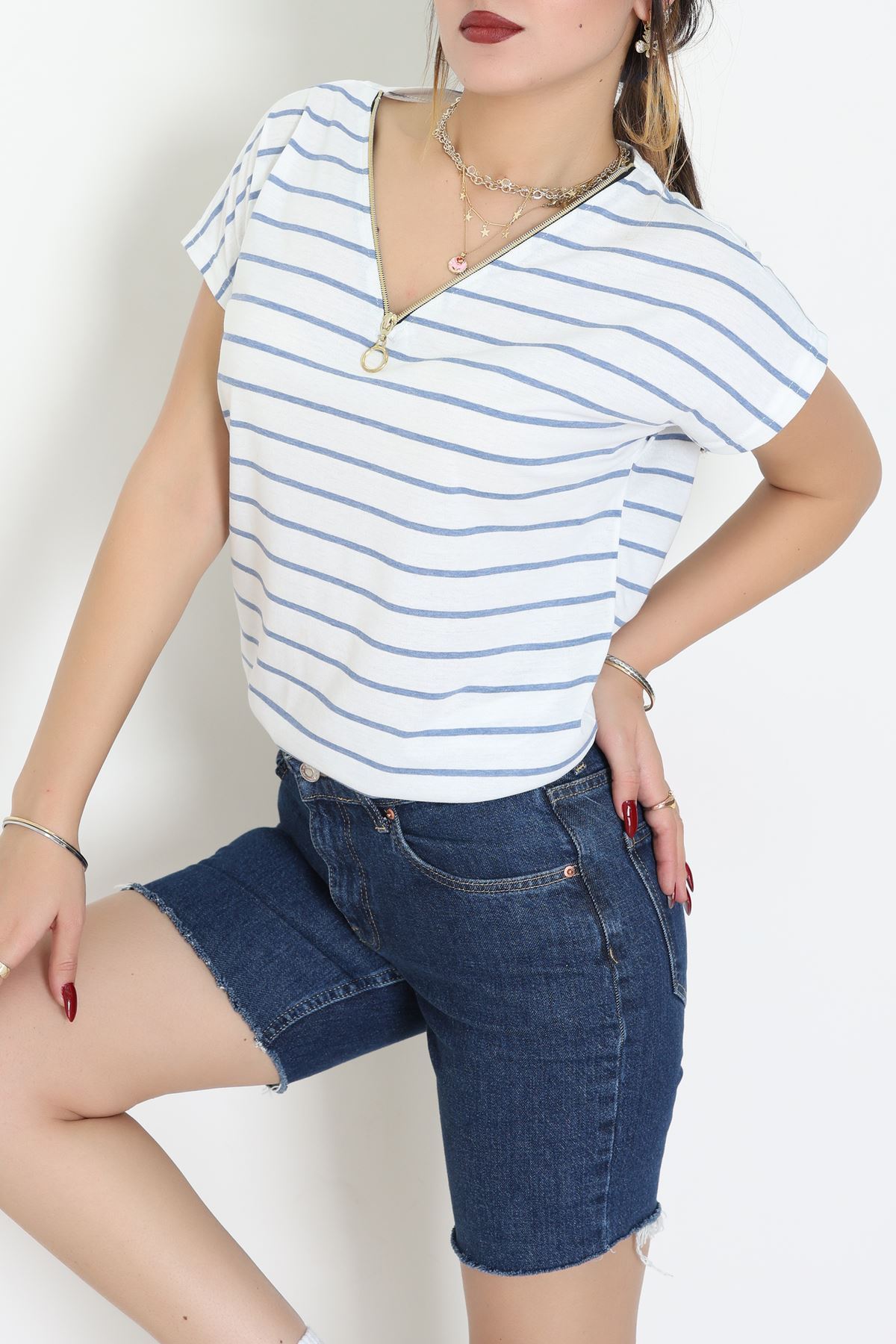 V Yaka Fermuarlı Rejenere Süprem Tişört Beyazmavi - 600.1567.