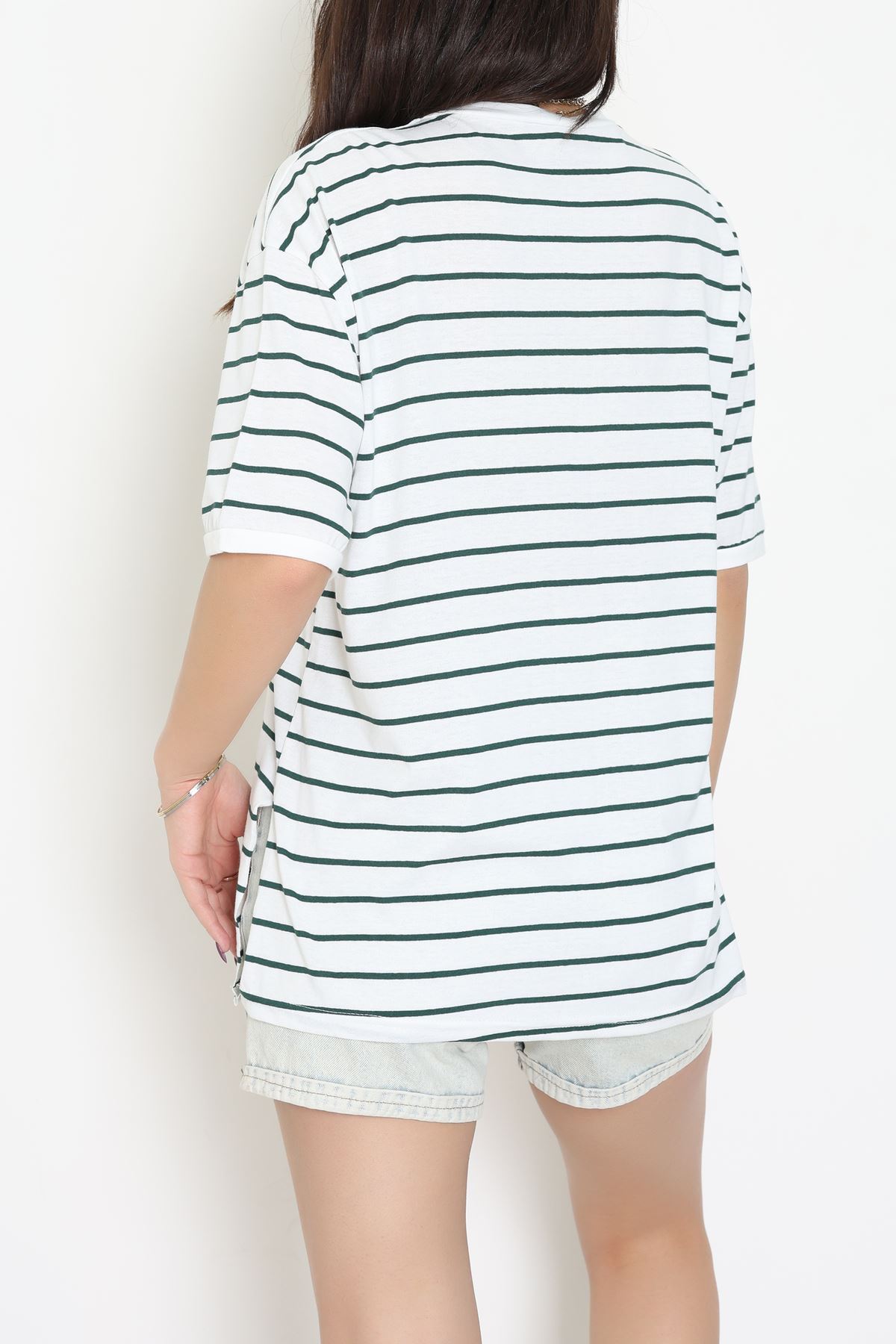 Bisiklet Yaka Çizgili Rejenere Süprem Tişört Beyazzümrüt - 601.1567.