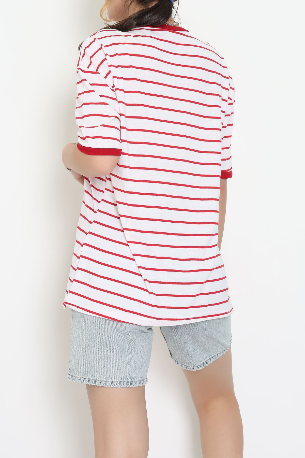 V Yaka Çizgili Rejenere Süprem Tişört Ekrukırmızı - 602.1567.