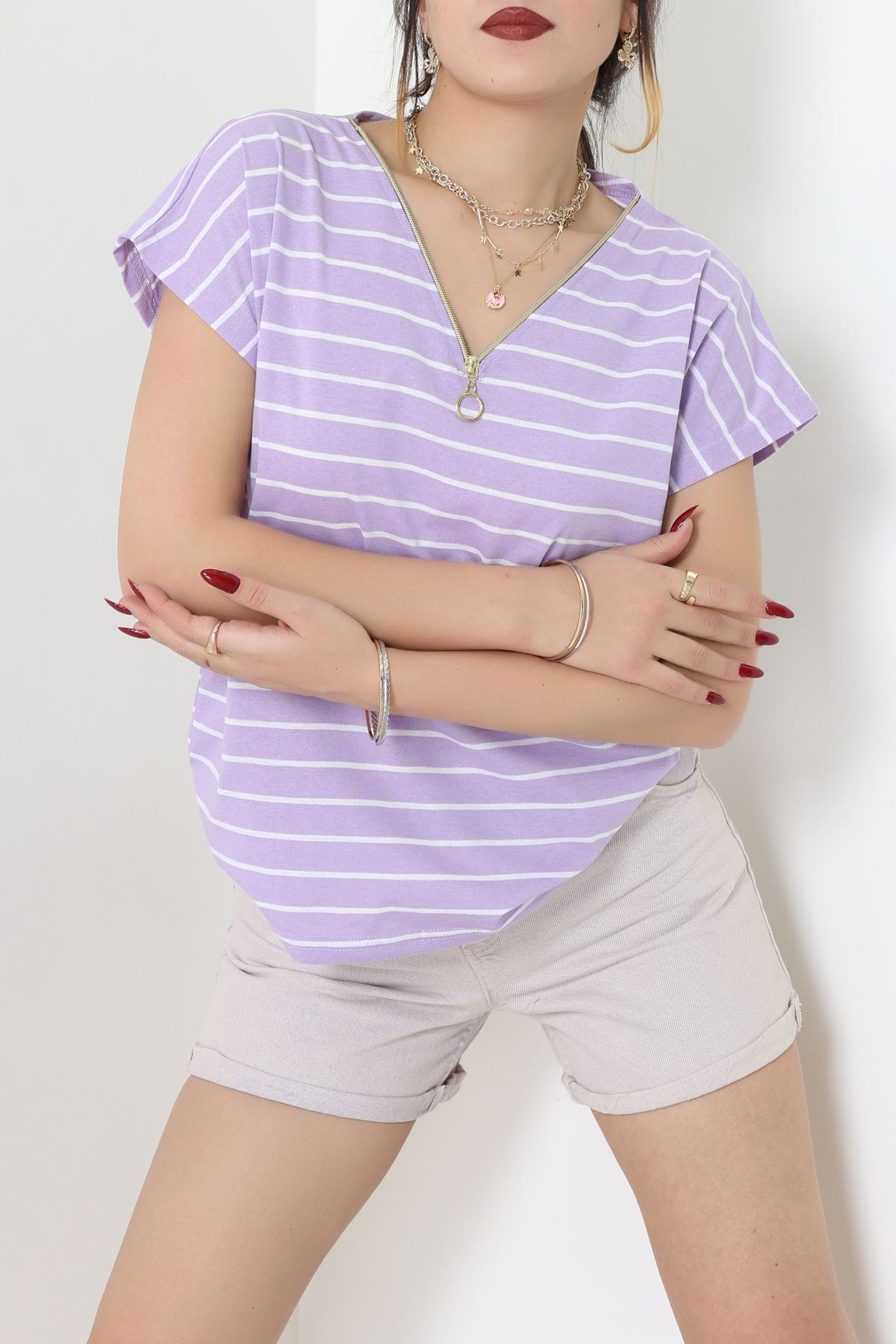 V Yaka Fermuarlı Rejenere Süprem Tişört Lilabeyaz - 600.1567.