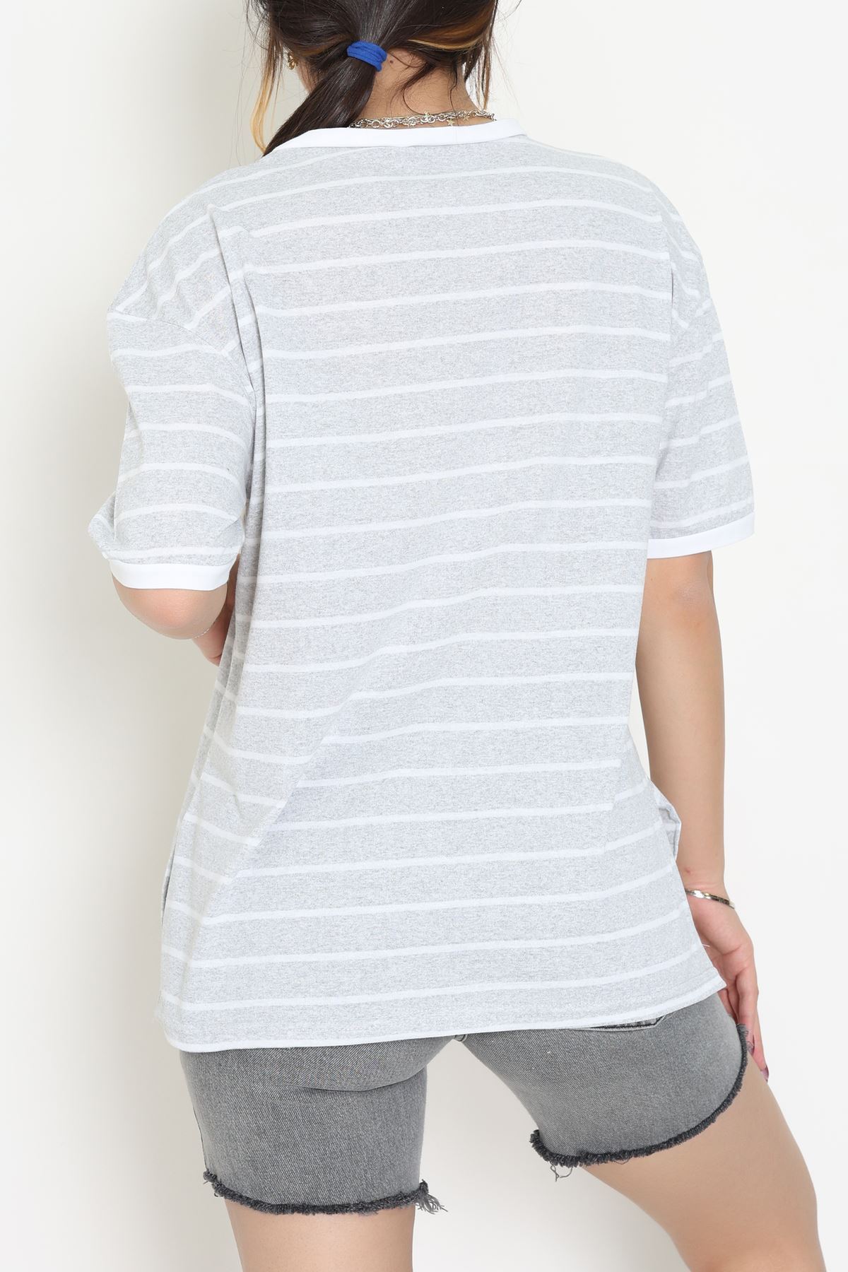 Bisiklet Yaka Çizgili Rejenere Süprem Tişört Gribeyaz - 601.1567.