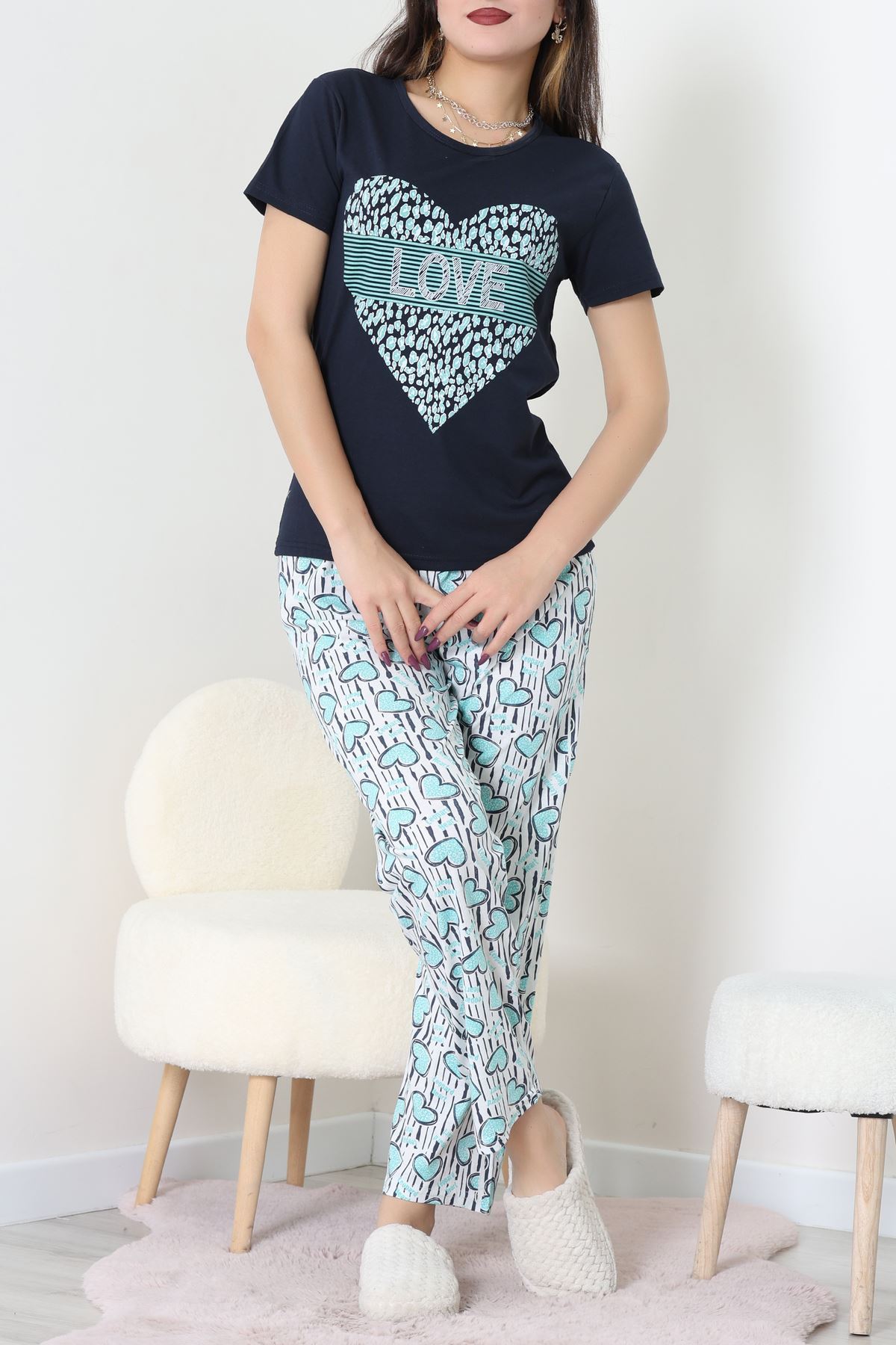 Süprem Kumaş Kısa Kollu Pijama Takımı Lacivert - 31860.2123.