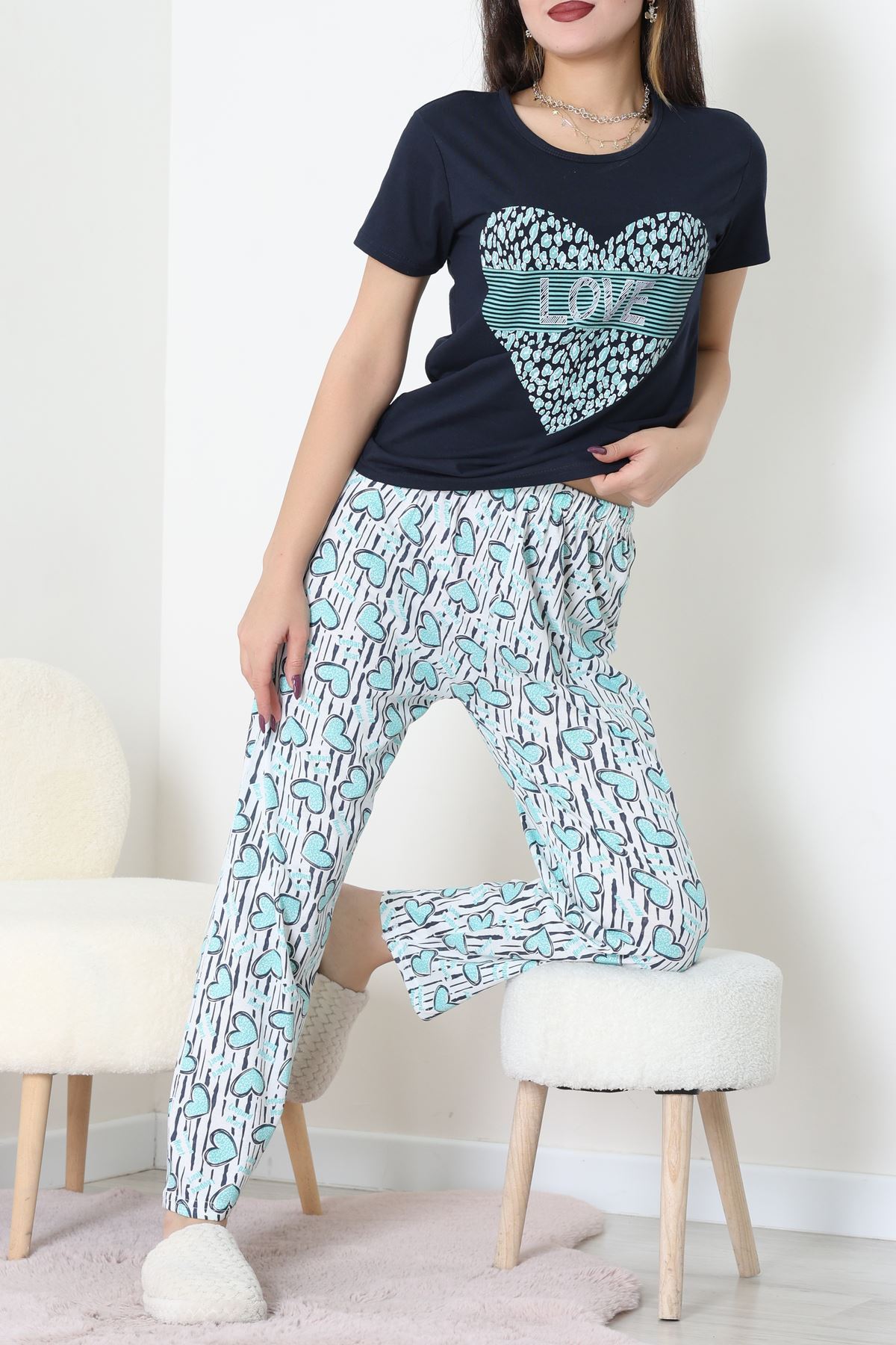 Süprem Kumaş Kısa Kollu Pijama Takımı Lacivert - 31860.2123.