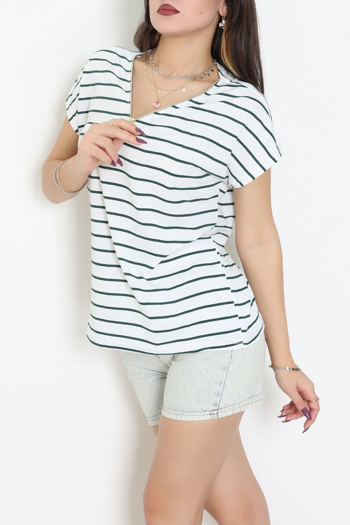 V Yaka Fermuarlı Rejenere Süprem Tişört Beyazzümrüt - 600.1567.