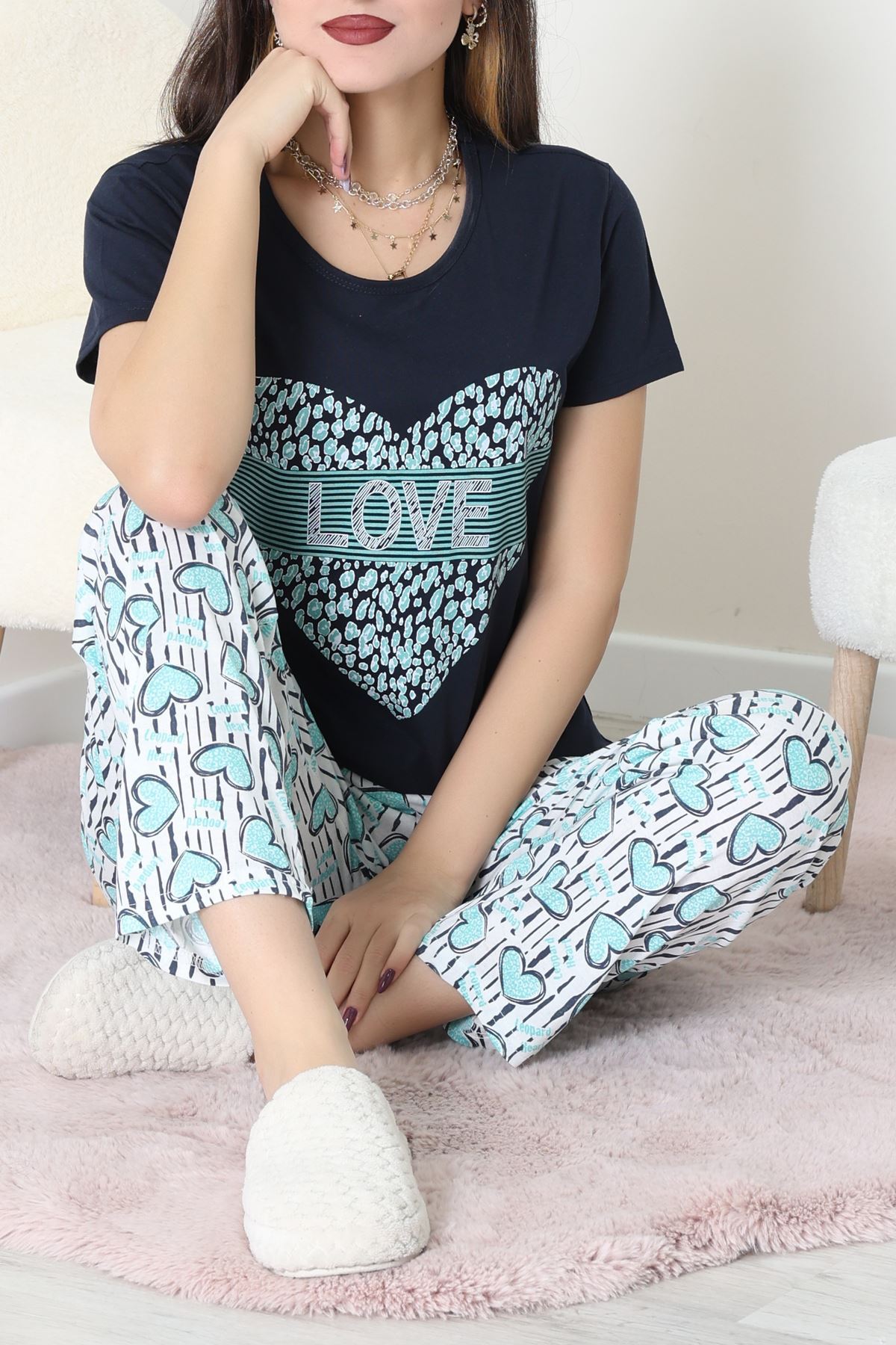 Süprem Kumaş Kısa Kollu Pijama Takımı Lacivert - 31860.2123.