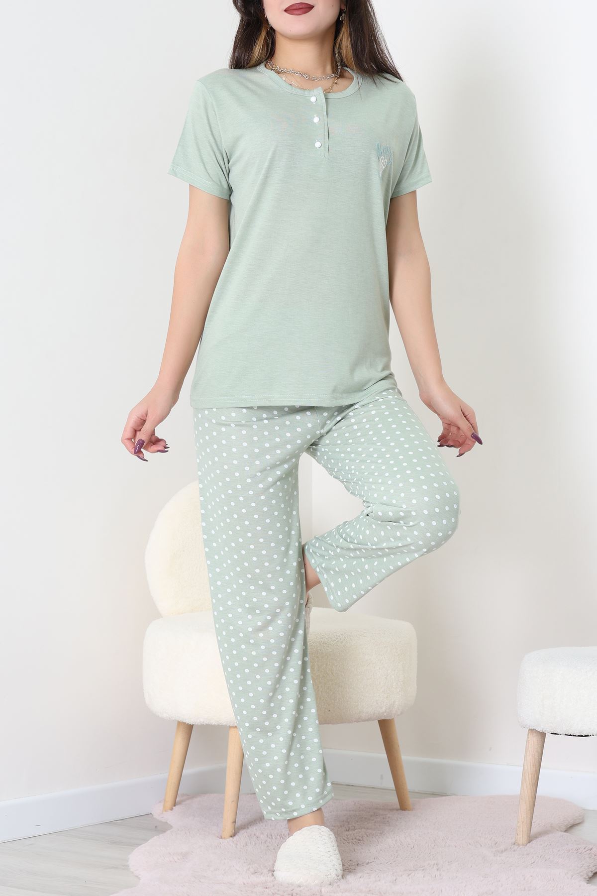 Viskon Kumaş Kısa Kol Pijama Takımı Mint - 31859.2123.